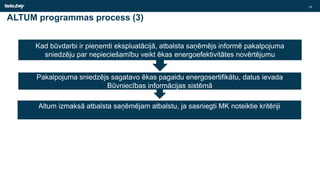 ALTUM programmas process (3)
Kad būvdarbi ir pieņemti ekspluatācijā, atbalsta saņēmējs informē pakalpojuma
sniedzēju par nepieciešamību veikt ēkas energoefektivitātes novērtējumu
Pakalpojuma sniedzējs sagatavo ēkas pagaidu energosertifikātu, datus ievada
Būvniecības informācijas sistēmā
Altum izmaksā atbalsta saņēmējam atbalstu, ja sasniegti MK noteiktie kritēriji
19
 