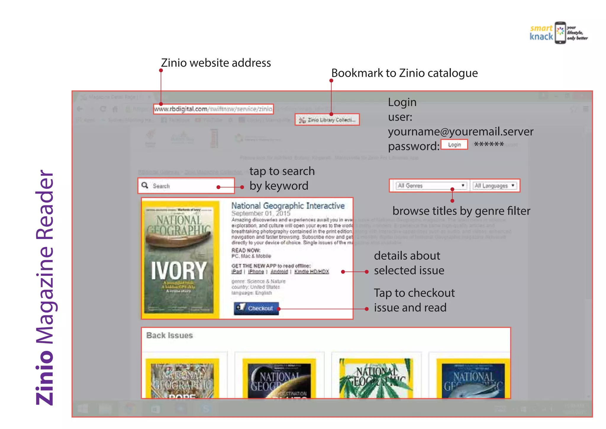 Bookmark to Zinio catalogue
Login
user:
yourname@youremail.server
password: ******
browse titles by genre filter
Zinio website address
tap to search
by keyword
details about
selected issue
Tap to checkout
issue and read
 
