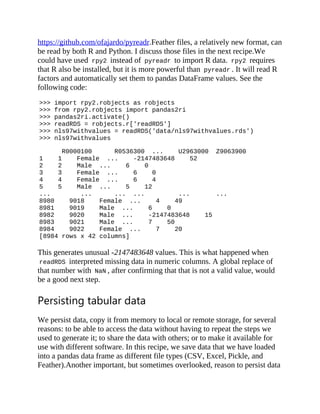 https://github.com/ofajardo/pyreadr.Feather files, a relatively new format, can
be read by both R and Python. I discuss those files in the next recipe.We
could have used rpy2 instead of pyreadr to import R data. rpy2 requires
that R also be installed, but it is more powerful than pyreadr . It will read R
factors and automatically set them to pandas DataFrame values. See the
following code:
>>> import rpy2.robjects as robjects
>>> from rpy2.robjects import pandas2ri
>>> pandas2ri.activate()
>>> readRDS = robjects.r['readRDS']
>>> nls97withvalues = readRDS('data/nls97withvalues.rds')
>>> nls97withvalues
R0000100 R0536300 ... U2963000 Z9063900
1 1 Female ... -2147483648 52
2 2 Male ... 6 0
3 3 Female ... 6 0
4 4 Female ... 6 4
5 5 Male ... 5 12
... ... ... ... ... ...
8980 9018 Female ... 4 49
8981 9019 Male ... 6 0
8982 9020 Male ... -2147483648 15
8983 9021 Male ... 7 50
8984 9022 Female ... 7 20
[8984 rows x 42 columns]
This generates unusual -2147483648 values. This is what happened when
readRDS interpreted missing data in numeric columns. A global replace of
that number with NaN , after confirming that that is not a valid value, would
be a good next step.
Persisting tabular data
We persist data, copy it from memory to local or remote storage, for several
reasons: to be able to access the data without having to repeat the steps we
used to generate it; to share the data with others; or to make it available for
use with different software. In this recipe, we save data that we have loaded
into a pandas data frame as different file types (CSV, Excel, Pickle, and
Feather).Another important, but sometimes overlooked, reason to persist data
 