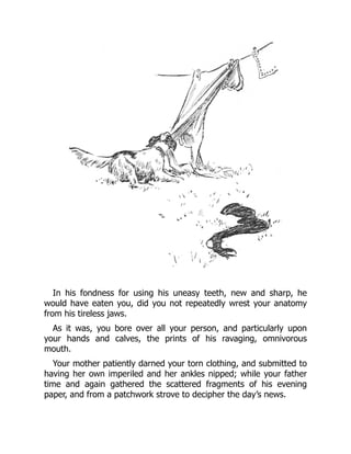 In his fondness for using his uneasy teeth, new and sharp, he
would have eaten you, did you not repeatedly wrest your anatomy
from his tireless jaws.
As it was, you bore over all your person, and particularly upon
your hands and calves, the prints of his ravaging, omnivorous
mouth.
Your mother patiently darned your torn clothing, and submitted to
having her own imperiled and her ankles nipped; while your father
time and again gathered the scattered fragments of his evening
paper, and from a patchwork strove to decipher the day’s news.
 