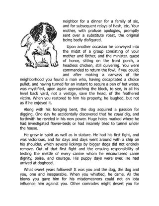 neighbor for a dinner for a family of six,
and for subsequent relays of hash, etc. Your
mother, with profuse apologies, promptly
sent over a substitute roast, the original
being badly disfigured.
Upon another occasion he conveyed into
the midst of a group consisting of your
mother and father, and the minister, guest
of honor, sitting on the front porch, a
headless chicken, still quivering. You were
commanded to return the fowl, if you could;
and after making a canvass of the
neighborhood you found a man who, having decapitated a choice
pullet, and having turned for an instant to secure a pan of hot water,
was mystified, upon again approaching the block, to see, in all his
level back yard, not a vestige, save the head, of the feathered
victim. When you restored to him his property, he laughed, but not
as if he enjoyed it.
Along with his foraging bent, the dog acquired a passion for
digging. One day he accidentally discovered that he could dig, and
forthwith he reveled in his new power. Huge holes marked where he
had investigated flower-beds or had insanely tried to tunnel under
the house.
He grew in spirit as well as in stature. He had his first fight, and
was victorious, and for days and days went around with a chip on
his shoulder, which several lickings by bigger dogs did not entirely
remove. Out of that first fight and the ensuing responsibility of
testing the mettle of every canine whom he encountered came
dignity, poise, and courage. His puppy days were over. He had
arrived at doghood.
What sweet years followed! It was you and the dog, the dog and
you, one and inseparable. When you whistled, he came. All the
blows you gave him for his misdemeanors could not an iota
influence him against you. Other comrades might desert you for
 