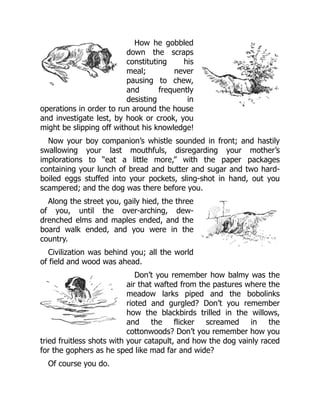How he gobbled
down the scraps
constituting his
meal; never
pausing to chew,
and frequently
desisting in
operations in order to run around the house
and investigate lest, by hook or crook, you
might be slipping off without his knowledge!
Now your boy companion’s whistle sounded in front; and hastily
swallowing your last mouthfuls, disregarding your mother’s
implorations to “eat a little more,” with the paper packages
containing your lunch of bread and butter and sugar and two hard-
boiled eggs stuffed into your pockets, sling-shot in hand, out you
scampered; and the dog was there before you.
Along the street you, gaily hied, the three
of you, until the over-arching, dew-
drenched elms and maples ended, and the
board walk ended, and you were in the
country.
Civilization was behind you; all the world
of field and wood was ahead.
Don’t you remember how balmy was the
air that wafted from the pastures where the
meadow larks piped and the bobolinks
rioted and gurgled? Don’t you remember
how the blackbirds trilled in the willows,
and the flicker screamed in the
cottonwoods? Don’t you remember how you
tried fruitless shots with your catapult, and how the dog vainly raced
for the gophers as he sped like mad far and wide?
Of course you do.
 
