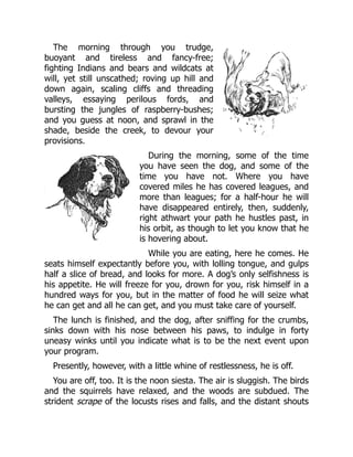 The morning through you trudge,
buoyant and tireless and fancy-free;
fighting Indians and bears and wildcats at
will, yet still unscathed; roving up hill and
down again, scaling cliffs and threading
valleys, essaying perilous fords, and
bursting the jungles of raspberry-bushes;
and you guess at noon, and sprawl in the
shade, beside the creek, to devour your
provisions.
During the morning, some of the time
you have seen the dog, and some of the
time you have not. Where you have
covered miles he has covered leagues, and
more than leagues; for a half-hour he will
have disappeared entirely, then, suddenly,
right athwart your path he hustles past, in
his orbit, as though to let you know that he
is hovering about.
While you are eating, here he comes. He
seats himself expectantly before you, with lolling tongue, and gulps
half a slice of bread, and looks for more. A dog’s only selfishness is
his appetite. He will freeze for you, drown for you, risk himself in a
hundred ways for you, but in the matter of food he will seize what
he can get and all he can get, and you must take care of yourself.
The lunch is finished, and the dog, after sniffing for the crumbs,
sinks down with his nose between his paws, to indulge in forty
uneasy winks until you indicate what is to be the next event upon
your program.
Presently, however, with a little whine of restlessness, he is off.
You are off, too. It is the noon siesta. The air is sluggish. The birds
and the squirrels have relaxed, and the woods are subdued. The
strident scrape of the locusts rises and falls, and the distant shouts
 