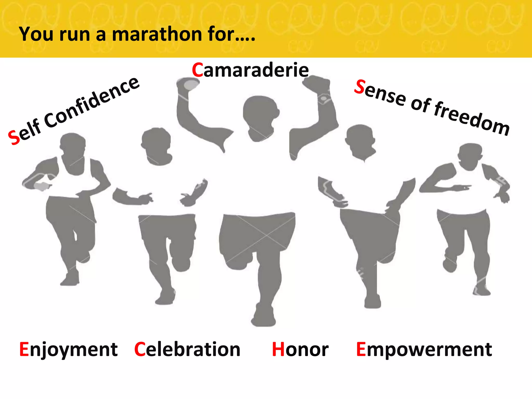 You run a marathon for….
Enjoyment
Camaraderie
Celebration Honor Empowerment
 