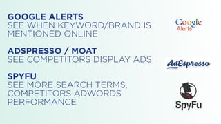 GOOGLE ALERTS


SEE WHEN KEYWORD/BRAND IS


MENTIONED ONLINE


ADSPRESSO / MOAT


SEE COMPETITORS DISPLAY ADS


SPYFU


SE...