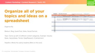 P.J. Leimgruber | @misterpeej | European Innovation Academy
Content Marketing | Content Research | Tactic #15
Organize By:...