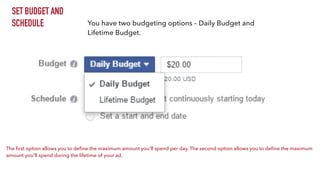 SET BUDGET AND
SCHEDULE


You have two budgeting options – Daily Budget and
Lifetime Budget.
The
fi
rst option allows you ...