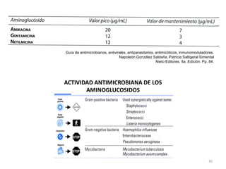 Guía de antimicrobianos, antivirales, antiparasitarios, antimicóticos, inmunomoduladores.
                                Napoleón González Saldaña, Patricia Saltigeral Simental
                                                        Nieto Editores. 8a. Edición. Pp. 84.




ACTIVIDAD ANTIMICROBIANA DE LOS
       AMINOGLUCOSIDOS




                                                                                        30
 