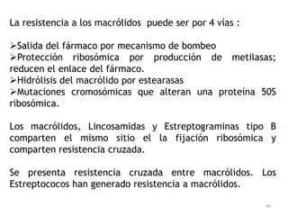 La resistencia a los macrólidos puede ser por 4 vías :

Salida del fármaco por mecanismo de bombeo
Protección ribosómica por producción de metilasas;
reducen el enlace del fármaco.
Hidrólisis del macrólido por estearasas
Mutaciones cromosómicas que alteran una proteína 50S
ribosómica.

Los macrólidos, Lincosamidas y Estreptograminas tipo B
comparten el mismo sitio el la fijación ribosómica y
comparten resistencia cruzada.

Se presenta resistencia cruzada entre macrólidos. Los
Estreptococos han generado resistencia a macrólidos.

                                                         44
 
