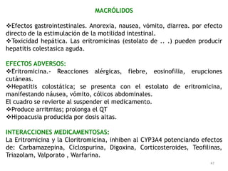 MACRÓLlDOS

Efectos gastrointestinales. Anorexia, nausea, vómito, diarrea. por efecto
directo de la estimulación de la motilidad intestinal.
Toxicidad hepática. Las eritromicinas (estolato de .. .) pueden producir
hepatitis colestasica aguda.

EFECTOS ADVERSOS:
Eritromicina.- Reacciones alérgicas, fiebre, eosinofilia, erupciones
cutáneas.
Hepatitis colostática; se presenta con el estolato de eritromicina,
manifestando náusea, vómito, cólicos abdominales.
El cuadro se revierte al suspender el medicamento.
Produce arritmias; prolonga el QT
Hipoacusia producida por dosis altas.

INTERACCIONES MEDICAMENTOSAS:
La Eritromicina y la Cloritromicina, inhiben al CYP3A4 potenciando efectos
de: Carbamazepina, Ciclospurina, Digoxina, Corticosteroides, Teofilinas,
Triazolam, Valporato , Warfarina.
                                                                     47
 