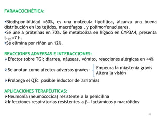 FARMACOCINÉTICA:

Biodisponibilidad ≈60%, es una molécula lipofílica, alcanza una buena
distribución en los tejidos, macrófagos , y polimorfonucleares.
Se une a proteínas en 70%. Se metaboliza en hígado en CYP3A4, presenta
t1/2 ≈7 h.
Se elimina por riñón un 12%.

REACCIONES ADVERSAS E INTERACCIONES:
Efectos sobre TGI; diarrea, náuseas, vómito, reacciones alérgicas en <4%

Se anotan como afectos adversos graves:    Empeora la miastenia gravis
                                            Altera la visión
Prolonga el QTc posible inductor de arritmias

APLICACIONES TERAPÉUTICAS:
Neumonía (neumococica) resistente a la penicilina
Infecciones respiratorias resistentes a lactámicos y macrólidos.

                                                                      49
 