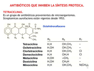 ANTIBIÓTICOS QUE INHIBEN LA SÍNTESIS PROTEICA.

TETRACICLlNAS.
Es un grupo de antibióticos provenientes de microorganismos.
Streptomices aurofaciens están vigentes desde 1953.

                                Octahidronaftaceno




                                                               51
 