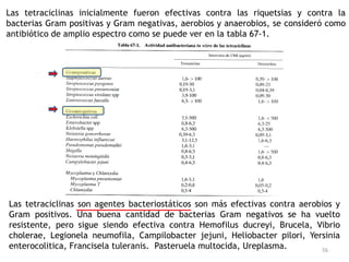 Las tetraciclinas inicialmente fueron efectivas contra las riquetsias y contra la
bacterias Gram positivas y Gram negativas, aerobios y anaerobios, se consideró como
antibiótico de amplio espectro como se puede ver en la tabla 67-1.




Las tetraciclinas son agentes bacteriostáticos son más efectivas contra aerobios y
Gram positivos. Una buena cantidad de bacterias Gram negativos se ha vuelto
resistente, pero sigue siendo efectiva contra Hemofilus ducreyi, Brucela, Vibrio
cholerae, Legionela neumofila, Campilobacter jejuni, Heliobacter pilori, Yersinia
enterocolitica, Francisela tuleranis. Pasteruela multocida, Ureplasma.       56
 