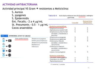 ACTIVIDAD ANTIBACTERIANA
Actividad principal VS Gram + resistentes a Meticiclina:
        S. Aureus
        S. pyogenes
        S. Epidermidis
        Ent. Fecalis.- 2 a 4 g/mL
        St. Pneumonie.- 0.5 – 1 g/mL
        Cocos anaerobios




                                                           71
 