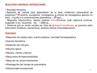 REACCIONES ADVERSAS /INTERACCIONES

• Toxicidad frecuente.
• Depresión de médula ósea dependiente de la dosis (inhibición mitocondrial de
proteínas)      anemia, leucopenia, trombopenia, síntesis de hemoglobina aparece en
dosis > 4 g/día o a concentraciones plasmáticas > 25 mg/L.
• Respuesta idiosincrática. Aplasia medular            mortal, pide vigilancia continua.
Suspender si los leucocitos son < 2500/µL.
• Síndrome gris en recién nacidos por falta de glucoronil transferasa, se presenta sobre
infecciones micóticas y bacterianas, produce efectos inmunodepresores.

TOXICIDAD
Depresión de médula ósea: anemia aplásica, toxicidad hematopoyética
Anemia hemolítica
Síndrome del niño gris
Neuritis óptica
Náusea, vómito y diarrea
Reacciones de hipersensibilidad
Reacción de Jarisch-Herxheimer
Prolongación del tiempo de protrombina
Ototoxicidad (excepcional)                                                         80
 