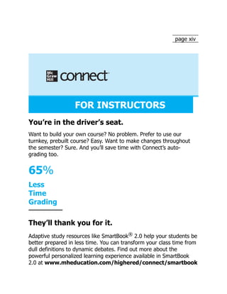 page xiv
FOR INSTRUCTORS
You’re in the driver’s seat.
Want to build your own course? No problem. Prefer to use our
turnkey, prebuilt course? Easy. Want to make changes throughout
the semester? Sure. And you’ll save time with Connect’s auto-
grading too.
65%
Less
Time
Grading
They’ll thank you for it.
Adaptive study resources like SmartBook® 2.0 help your students be
better prepared in less time. You can transform your class time from
dull definitions to dynamic debates. Find out more about the
powerful personalized learning experience available in SmartBook
2.0 at www.mheducation.com/highered/connect/smartbook
 