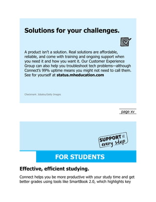 page xv
Solutions for your challenges.
A product isn’t a solution. Real solutions are affordable,
reliable, and come with training and ongoing support when
you need it and how you want it. Our Customer Experience
Group can also help you troubleshoot tech problems—although
Connect’s 99% uptime means you might not need to call them.
See for yourself at status.mheducation.com
Checkmark: Jobalou/Getty Images
FOR STUDENTS
Effective, efficient studying.
Connect helps you be more productive with your study time and get
better grades using tools like SmartBook 2.0, which highlights key
 