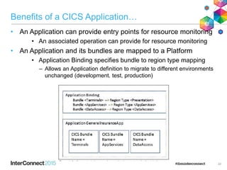 Benefits of a CICS Application…
• An Application can provide entry points for resource monitoring
• An associated operation can provide for resource monitoring
• An Application and its bundles are mapped to a Platform
• Application Binding specifies bundle to region type mapping
– Allows an Application definition to migrate to different environments
unchanged (development. test, production)
22
 