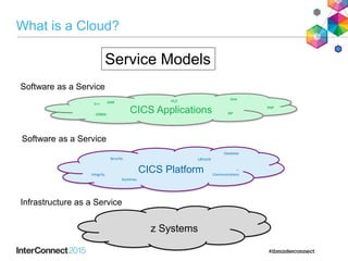 What is a Cloud?
Service Models
z Systems
CICS ApplicationsCOBOL
Java
JSP
C++
PL/IASM
PHP
CICS Platform
Security
Integrity
Runtimes
Database
Communications
Lifecycle
Software as a Service
Software as a Service
Infrastructure as a Service
 