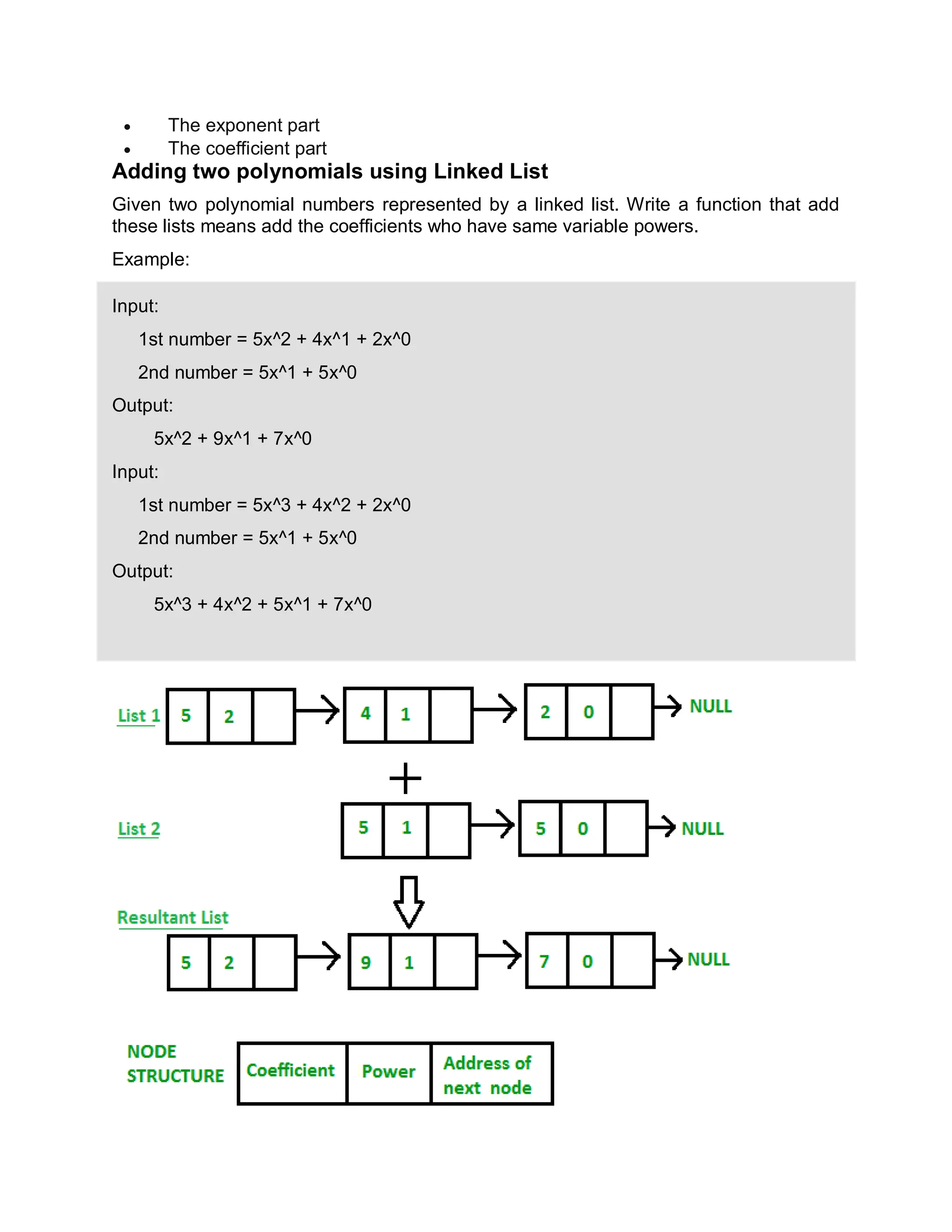  The exponent part
 The coefficient part
Adding two polynomials using Linked List
Given two polynomial numbers represented by a linked list. Write a function that add
these lists means add the coefficients who have same variable powers.
Example:
Input:
1st number = 5x^2 + 4x^1 + 2x^0
2nd number = 5x^1 + 5x^0
Output:
5x^2 + 9x^1 + 7x^0
Input:
1st number = 5x^3 + 4x^2 + 2x^0
2nd number = 5x^1 + 5x^0
Output:
5x^3 + 4x^2 + 5x^1 + 7x^0
 