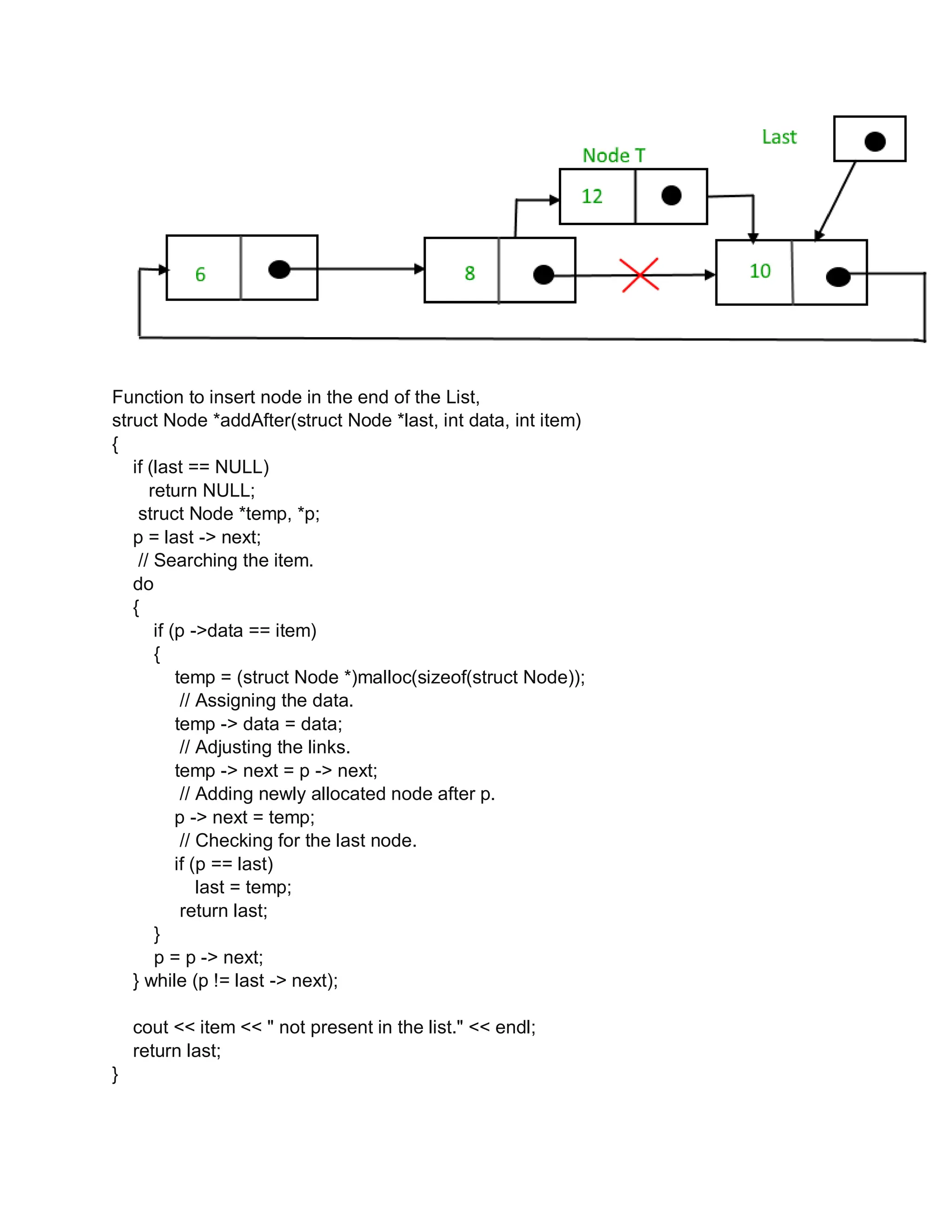 Function to insert node in the end of the List,
struct Node *addAfter(struct Node *last, int data, int item)
{
if (last == NULL)
return NULL;
struct Node *temp, *p;
p = last -> next;
// Searching the item.
do
{
if (p ->data == item)
{
temp = (struct Node *)malloc(sizeof(struct Node));
// Assigning the data.
temp -> data = data;
// Adjusting the links.
temp -> next = p -> next;
// Adding newly allocated node after p.
p -> next = temp;
// Checking for the last node.
if (p == last)
last = temp;
return last;
}
p = p -> next;
} while (p != last -> next);
cout << item << " not present in the list." << endl;
return last;
}
 