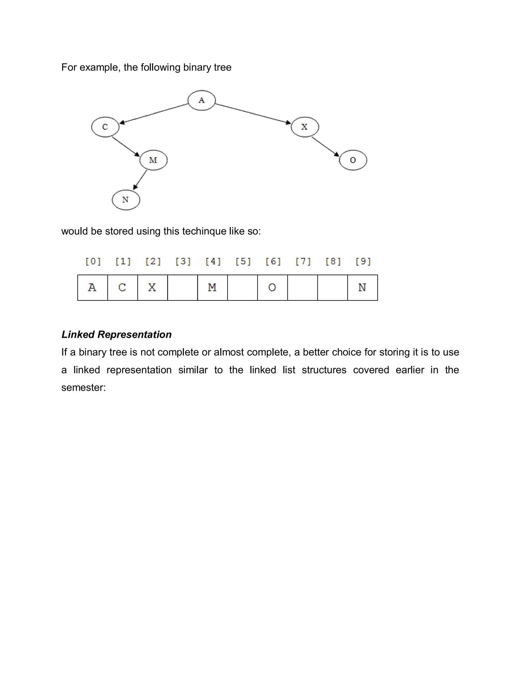 For example, the following binary tree
would be stored using this techinque like so:
Linked Representation
If a binary tree is not complete or almost complete, a better choice for storing it is to use
a linked representation similar to the linked list structures covered earlier in the
semester:
 