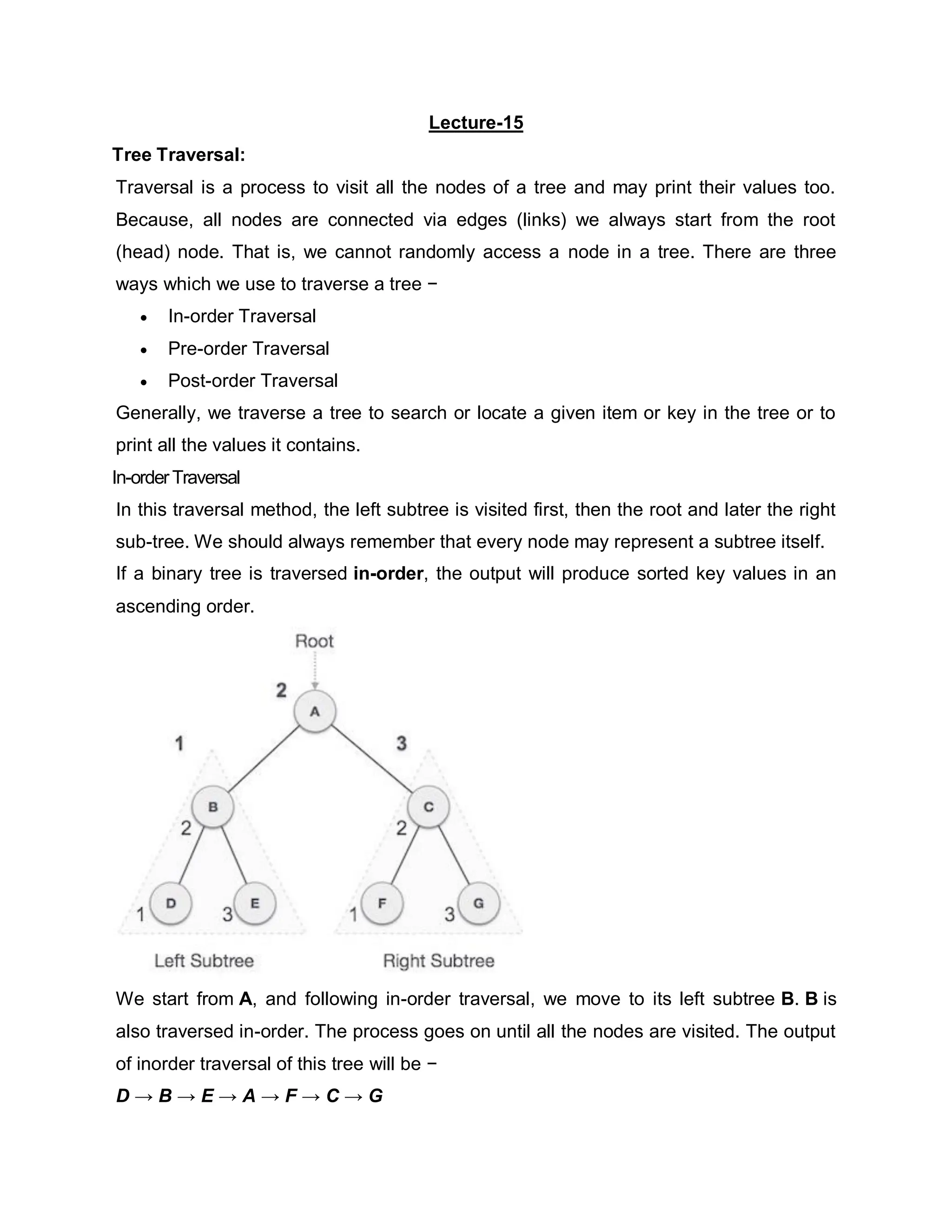 Lecture-15
Tree Traversal:
Traversal is a process to visit all the nodes of a tree and may print their values too.
Because, all nodes are connected via edges (links) we always start from the root
(head) node. That is, we cannot randomly access a node in a tree. There are three
ways which we use to traverse a tree −
 In-order Traversal
 Pre-order Traversal
 Post-order Traversal
Generally, we traverse a tree to search or locate a given item or key in the tree or to
print all the values it contains.
In-orderTraversal
In this traversal method, the left subtree is visited first, then the root and later the right
sub-tree. We should always remember that every node may represent a subtree itself.
If a binary tree is traversed in-order, the output will produce sorted key values in an
ascending order.
We start from A, and following in-order traversal, we move to its left subtree B. B is
also traversed in-order. The process goes on until all the nodes are visited. The output
of inorder traversal of this tree will be −
D → B → E → A → F → C → G
 