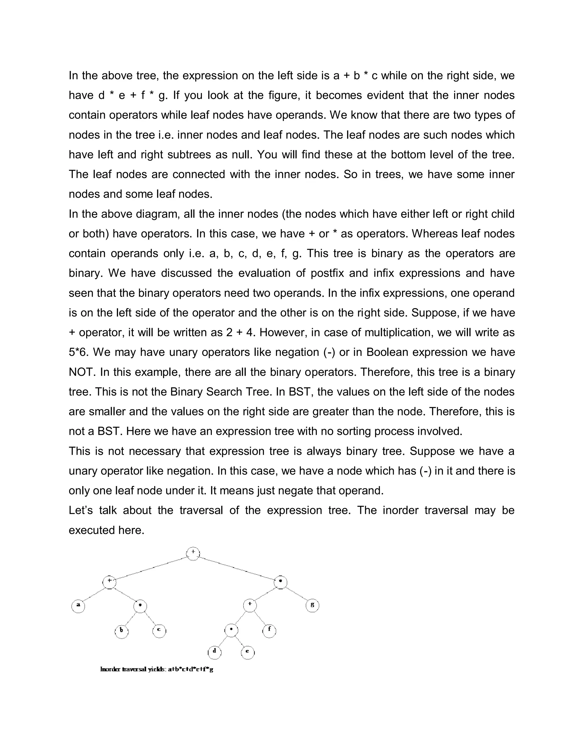 In the above tree, the expression on the left side is a + b * c while on the right side, we
have d * e + f * g. If you look at the figure, it becomes evident that the inner nodes
contain operators while leaf nodes have operands. We know that there are two types of
nodes in the tree i.e. inner nodes and leaf nodes. The leaf nodes are such nodes which
have left and right subtrees as null. You will find these at the bottom level of the tree.
The leaf nodes are connected with the inner nodes. So in trees, we have some inner
nodes and some leaf nodes.
In the above diagram, all the inner nodes (the nodes which have either left or right child
or both) have operators. In this case, we have + or * as operators. Whereas leaf nodes
contain operands only i.e. a, b, c, d, e, f, g. This tree is binary as the operators are
binary. We have discussed the evaluation of postfix and infix expressions and have
seen that the binary operators need two operands. In the infix expressions, one operand
is on the left side of the operator and the other is on the right side. Suppose, if we have
+ operator, it will be written as 2 + 4. However, in case of multiplication, we will write as
5*6. We may have unary operators like negation (-) or in Boolean expression we have
NOT. In this example, there are all the binary operators. Therefore, this tree is a binary
tree. This is not the Binary Search Tree. In BST, the values on the left side of the nodes
are smaller and the values on the right side are greater than the node. Therefore, this is
not a BST. Here we have an expression tree with no sorting process involved.
This is not necessary that expression tree is always binary tree. Suppose we have a
unary operator like negation. In this case, we have a node which has (-) in it and there is
only one leaf node under it. It means just negate that operand.
Let’s talk about the traversal of the expression tree. The inorder traversal may be
executed here.
 