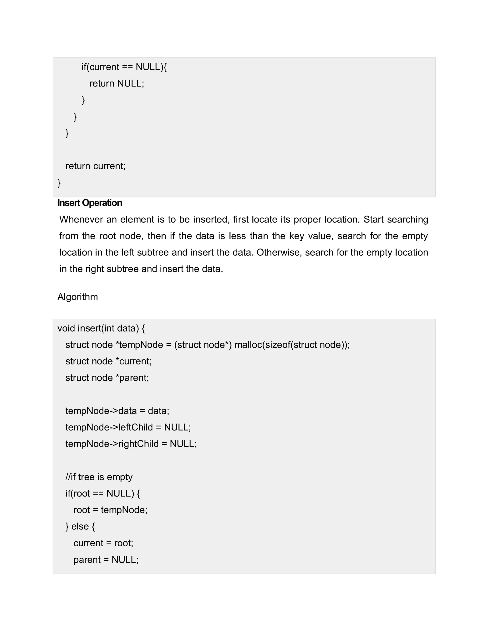 if(current == NULL){
return NULL;
}
}
}
return current;
}
Insert Operation
Whenever an element is to be inserted, first locate its proper location. Start searching
from the root node, then if the data is less than the key value, search for the empty
location in the left subtree and insert the data. Otherwise, search for the empty location
in the right subtree and insert the data.
Algorithm
void insert(int data) {
struct node *tempNode = (struct node*) malloc(sizeof(struct node));
struct node *current;
struct node *parent;
tempNode->data = data;
tempNode->leftChild = NULL;
tempNode->rightChild = NULL;
//if tree is empty
if(root == NULL) {
root = tempNode;
} else {
current = root;
parent = NULL;
 