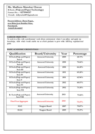 CAREER OBJECTIVE
To work in a firm with a professional work driven environment where I can utilize and apply my
knowledge, skills which would enable me as a fresh graduate to grow while fulfilling organizational
goals.
BASIC ACADEMIC CREDENTIALS
Qualification Board/University Year Percentage
B.Tech (Pulp and Paper)
Sem-I
Amravati University 2009 68.71%
B.Tech (Pulp and Paper)
Sem-II
Amravati University 2010 74.66%
B.Tech (Pulp and Paper)
Sem-III
Amravati University 2010 66.28%
B.Tech (Pulp and Paper)
Sem-IV
Amravati University 2011 65.28%
B.Tech (Pulp and Paper)
Sem-V
Amravati University 2011 62.96%
B.Tech (Pulp and Paper)
Sem-VI
Amravati University 2012 60.57%
B.Tech (Pulp and Paper)
Sem-VII
B. Tech (Pulp and Paper)
Sem VIII
Final Year Aggregate
Amravati University
Amravati University
Amravati University
2012
2013
2013
73.28%
73.66%
73.47%
S.S.C Nagpur Board 2007 79.07%
H.S.C Nagpur Board 2009 79.17%
Present Address- Barse Nagar ,
near Bhim Jyoti Buddha Vihar,
Panchpaoli,
NAGPUR-440017
;
;
Ms. Madhura Manohar Chavan
B.Tech. ( Pulp and Paper Technology)
Contact No. : - 8275944317
E-mail:- dollyrocks007@gmail.com
 