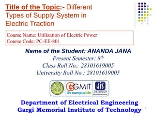 1
Title of the Topic:- Different
Types of Supply System in
Electric Traction
Department of Electrical Engineering
Gargi Memorial Institute of Technology
Name of the Student: ANANDA JANA
Present Semester: 8th
Class Roll No.: 28101619005
University Roll No.: 28101619005
Course Name: Utilization of Electric Power
Course Code: PC-EE-801
 