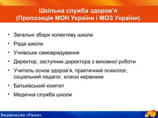 Видавництво «Ранок»
• Загальні збори колективу школи
• Рада школи
• Учнівське самоврядування
• Директор, заступник директора з виховної роботи
• Учитель основ здоров’я, практичний психолог,
соціальний педагог, класні керівники
• Батьківський комітет
• Медична служба школи
Шкільна служба здоров’я
(Пропозиція МОН України і МОЗ України)
 