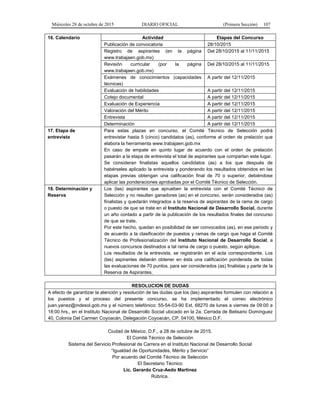 Miércoles 28 de octubre de 2015 DIARIO OFICIAL (Primera Sección) 107
16. Calendario Actividad Etapas del Concurso
Publicación de convocatoria 28/10/2015
Registro de aspirantes (en la página
www.trabajaen.gob.mx)
Del 28/10/2015 al 11/11/2015
Revisión curricular (por la página
www.trabajaen.gob.mx)
Del 28/10/2015 al 11/11/2015
Exámenes de conocimientos (capacidades
técnicas)
A partir del 12/11/2015
Evaluación de habilidades A partir del 12/11/2015
Cotejo documental A partir del 12/11/2015
Evaluación de Experiencia A partir del 12/11/2015
Valoración del Mérito A partir del 12/11/2015
Entrevista A partir del 12/11/2015
Determinación A partir del 12/11/2015
17. Etapa de
entrevista
Para estas plazas en concurso, el Comité Técnico de Selección podrá
entrevistar hasta 5 (cinco) candidatos (as), conforme al orden de prelación que
elabora la herramienta www.trabajaen.gob.mx
En caso de empate en quinto lugar de acuerdo con el orden de prelación
pasarán a la etapa de entrevista el total de aspirantes que compartan este lugar.
Se consideran finalistas aquellos candidatos (as) a los que después de
habérseles aplicado la entrevista y ponderando los resultados obtenidos en las
etapas previas obtengan una calificación final de 70 o superior, debiéndose
aplicar las ponderaciones aprobadas por el Comité Técnico de Selección.
18. Determinación y
Reserva
Los (las) aspirantes que aprueben la entrevista con el Comité Técnico de
Selección y no resulten ganadores (as) en el concurso, serán considerados (as)
finalistas y quedarán integrados a la reserva de aspirantes de la rama de cargo
o puesto de que se trate en el Instituto Nacional de Desarrollo Social, durante
un año contado a partir de la publicación de los resultados finales del concurso
de que se trate.
Por este hecho, quedan en posibilidad de ser convocados (as), en ese periodo y
de acuerdo a la clasificación de puestos y ramas de cargo que haga el Comité
Técnico de Profesionalización del Instituto Nacional de Desarrollo Social, a
nuevos concursos destinados a tal rama de cargo o puesto, según aplique.
Los resultados de la entrevista, se registrarán en el acta correspondiente. Los
(las) aspirantes deberán obtener en ésta una calificación ponderada de todas
las evaluaciones de 70 puntos, para ser considerados (as) finalistas y parte de la
Reserva de Aspirantes.
RESOLUCION DE DUDAS
A efecto de garantizar la atención y resolución de las dudas que los (las) aspirantes formulen con relación a
los puestos y el proceso del presente concurso, se ha implementado el correo electrónico
juan.yanez@indesol.gob.mx y el número telefónico: 55-54-03-90 Ext. 68270 de lunes a viernes de 09:00 a
18:00 hrs., en el Instituto Nacional de Desarrollo Social ubicado en la 2a. Cerrada de Belisario Domínguez
40, Colonia Del Carmen Coyoacán, Delegación Coyoacán, CP. 04100, México D.F.
Ciudad de México, D.F., a 28 de octubre de 2015.
El Comité Técnico de Selección
Sistema del Servicio Profesional de Carrera en el Instituto Nacional de Desarrollo Social
“Igualdad de Oportunidades, Mérito y Servicio”
Por acuerdo del Comité Técnico de Selección
El Secretario Técnico
Lic. Gerardo Cruz-Aedo Martínez
Rúbrica.
 
