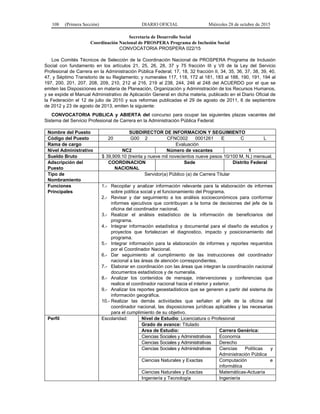 108 (Primera Sección) DIARIO OFICIAL Miércoles 28 de octubre de 2015
Secretaría de Desarrollo Social
Coordinación Nacional de PROSPERA Programa de Inclusión Social
CONVOCATORIA PROSPERA 022/15
Los Comités Técnicos de Selección de la Coordinación Nacional de PROSPERA Programa de Inclusión
Social con fundamento en los artículos 21, 25, 26, 28, 37 y 75 fracción III y VII de la Ley del Servicio
Profesional de Carrera en la Administración Pública Federal; 17, 18, 32 fracción II, 34, 35, 36, 37, 38, 39, 40,
47, y Séptimo Transitorio de su Reglamento; y numerales 117, 118, 172 al 181, 183 al 188, 190, 191, 194 al
197, 200, 201, 207, 208, 209, 210, 212 al 216, 219 al 238, 244, 246 al 248 del ACUERDO por el que se
emiten las Disposiciones en materia de Planeación, Organización y Administración de los Recursos Humanos,
y se expide el Manual Administrativo de Aplicación General en dicha materia, publicado en el Diario Oficial de
la Federación el 12 de julio de 2010 y sus reformas publicadas el 29 de agosto de 2011, 6 de septiembre
de 2012 y 23 de agosto de 2013, emiten la siguiente:
CONVOCATORIA PUBLICA y ABIERTA del concurso para ocupar las siguientes plazas vacantes del
Sistema del Servicio Profesional de Carrera en la Administración Pública Federal:
Nombre del Puesto SUBDIRECTOR DE INFORMACION Y SEGUIMIENTO
Código del Puesto 20 G00 2 CFNC002 0001261 E C L
Rama de cargo Evaluación
Nivel Administrativo NC2 Número de vacantes 1
Sueldo Bruto $ 39,909.10 (treinta y nueve mil novecientos nueve pesos 10/100 M. N.) mensual.
Adscripción del
Puesto
COORDINACION
NACIONAL
Sede Distrito Federal
Tipo de
Nombramiento
Servidor(a) Público (a) de Carrera Titular
Funciones
Principales
1.- Recopilar y analizar información relevante para la elaboración de informes
sobre política social y el funcionamiento del Programa.
2.- Revisar y dar seguimiento a los análisis socioeconómicos para conformar
informes ejecutivos que contribuyan a la toma de decisiones del jefe de la
oficina del coordinador nacional.
3.- Realizar el análisis estadístico de la información de beneficiarios del
programa.
4.- Integrar información estadística y documental para el diseño de estudios y
proyectos que fortalezcan el diagnostico, impacto y posicionamiento del
programa.
5.- Integrar información para la elaboración de informes y reportes requeridos
por el Coordinador Nacional.
6.- Dar seguimiento al cumplimiento de las instrucciones del coordinador
nacional a las áreas de atención correspondientes.
7.- Elaborar en coordinación con las áreas que integran la coordinación nacional
documentos estadísticos y de numeralia.
8.- Analizar los contenidos de mensaje, intervenciones y conferencias que
realice el coordinador nacional hacia el interior y exterior.
9.- Analizar los reportes geoestadisticos que se generen a partir del sistema de
información geográfica.
10.- Realizar las demás actividades que señalen el jefe de la oficina del
coordinador nacional, las disposiciones jurídicas aplicables y las necesarias
para el cumplimiento de su objetivo.
Perfil Escolaridad: Nivel de Estudio: Licenciatura o Profesional
Grado de avance: Titulado
Area de Estudio: Carrera Genérica:
Ciencias Sociales y Administrativas Economía
Ciencias Sociales y Administrativas Derecho
Ciencias Sociales y Administrativas Ciencias Políticas y
Administración Pública
Ciencias Naturales y Exactas Computación e
informática
Ciencias Naturales y Exactas Matemáticas-Actuaría
Ingeniería y Tecnología Ingeniería
 