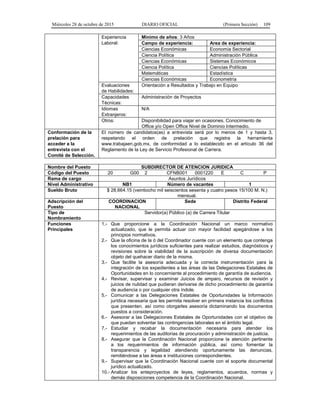 Miércoles 28 de octubre de 2015 DIARIO OFICIAL (Primera Sección) 109
Experiencia
Laboral:
Mínimo de años: 3 Años
Campo de experiencia: Area de experiencia:
Ciencias Económicas Economía Sectorial
Ciencia Política Administración Pública
Ciencias Económicas Sistemas Económicos
Ciencia Política Ciencias Políticas
Matemáticas Estadística
Ciencias Económicas Econometría
Evaluaciones
de Habilidades:
Orientación a Resultados y Trabajo en Equipo
Capacidades
Técnicas:
Administración de Proyectos
Idiomas
Extranjeros:
N/A
Otros: Disponibilidad para viajar en ocasiones. Conocimiento de
Office y/o Open Office Nivel de Dominio Intermedio.
Conformación de la
prelación para
acceder a la
entrevista con el
Comité de Selección.
El número de candidatos(as) a entrevista será por lo menos de 1 y hasta 3,
respetando el orden de prelación que registra la herramienta
www.trabajaen.gob.mx, de conformidad a lo establecido en el artículo 36 del
Reglamento de la Ley de Servicio Profesional de Carrera.
Nombre del Puesto SUBDIRECTOR DE ATENCION JURIDICA
Código del Puesto 20 G00 2 CFNB001 0001220 E C P
Rama de cargo Asuntos Jurídicos
Nivel Administrativo NB1 Número de vacantes 1
Sueldo Bruto $ 28,664.15 (veintiocho mil seiscientos sesenta y cuatro pesos 15/100 M. N.)
mensual.
Adscripción del
Puesto
COORDINACION
NACIONAL
Sede Distrito Federal
Tipo de
Nombramiento
Servidor(a) Público (a) de Carrera Titular
Funciones
Principales
1.- Que proporcione a la Coordinación Nacional un marco normativo
actualizado, que le permita actuar con mayor facilidad apegándose a los
principios normativos.
2.- Que la oficina de la ó del Coordinador cuente con un elemento que contenga
los conocimientos jurídicos suficientes para realizar estudios, diagnósticos y
revisiones sobre la viabilidad de la suscripción de diversa documentación
objeto del quehacer diario de la misma.
3.- Que facilite la asesoría adecuada y la correcta instrumentación para la
integración de los expedientes a las áreas de las Delegaciones Estatales de
Oportunidades en lo concerniente al procedimiento de garantía de audiencia.
4.- Revisar, supervisar y examinar Juicios de amparo, recursos de revisión y
juicios de nulidad que pudieran derivarse de dicho procedimiento de garantía
de audiencia o por cualquier otra índole.
5.- Comunicar a las Delegaciones Estatales de Oportunidades la Información
jurídica necesaria que les permita resolver en primera instancia los conflictos
que presenten, así como otorgarles asesoría dictaminando los documentos
puestos a consideración.
6.- Asesorar a las Delegaciones Estatales de Oportunidades con el objetivo de
que puedan solventar las contingencias laborales en el ámbito legal.
7.- Estudiar y recabar la documentación necesaria para atender los
requerimientos de las auditorias de procuración y administración de justicia.
8.- Asegurar que la Coordinación Nacional proporcione la atención pertinente
a los requerimientos de información pública, así como fomentar la
transparencia y legalidad atendiendo oportunamente las denuncias,
remitiéndose a las áreas e instituciones correspondientes.
9.- Supervisar que la Coordinación Nacional cuente con el soporte documental
jurídico actualizado.
10.- Analizar los anteproyectos de leyes, reglamentos, acuerdos, normas y
demás disposiciones competencia de la Coordinación Nacional.
 