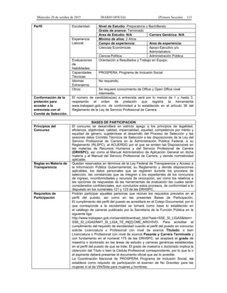 Miércoles 28 de octubre de 2015 DIARIO OFICIAL (Primera Sección) 113
Perfil Escolaridad: Nivel de Estudio: Preparatoria o Bachillerato
Grado de avance: Terminado
Area de Estudio: N/A Carrera Genérica: N/A
Experiencia
Laboral:
Mínimo de años: 2 Años
Campo de experiencia: Area de experiencia:
Ciencias Económicas Apoyo Ejecutivo y/o
Administrativo
Ciencia Política Administración Pública
Evaluaciones
de
Habilidades:
Orientación a Resultados y Trabajo en Equipo.
Capacidades
Técnicas:
PROSPERA, Programa de Inclusión Social
Idiomas
Extranjeros:
No requerido.
Otros: Se requiere conocimiento de Office u Open Office nivel
intermedio.
Conformación de la
prelación para
acceder a la
entrevista con el
Comité de Selección.
El número de candidatos(as) a entrevista será por lo menos de 1 y hasta 3,
respetando el orden de prelación que registra la herramienta
www.trabajaen.gob.mx, de conformidad a lo establecido en el artículo 36 del
Reglamento de la Ley de Servicio Profesional de Carrera.
BASES DE PARTICIPACION
Principios del
Concurso
El concurso se desarrollará en estricto apego a los principios de legalidad,
eficiencia, objetividad, calidad, imparcialidad, equidad, competencia por mérito y
equidad de género, sujetándose el desarrollo del Proceso de Selección y las
sesiones delos Comités Técnicos de Selección a las disposiciones de la Ley del
Servicio Profesional de Carrera en la Administración Pública Federal, a su
Reglamento (RLSPC), al ACUERDO por el que se emiten las Disposiciones en
las materias de Recursos Humanos y del Servicio Profesional de Carrera
(DRHSPC), así como el Manual Administrativo de Aplicación General en dicha
materia y el Manual del Servicio Profesional de Carrera, y demás normatividad
aplicable.
Reglas en Materia de
Transparencia
Quedan reservados en términos de la Ley Federal de Transparencia y Acceso a
la Información Pública Gubernamental, su Reglamento y demás disposiciones
aplicables, los datos personales que se registren durante los procesos de
selección, las constancias que se integren a los expedientes de los concursos
de ingreso, inconformidades y recursos de revocación, así como los relativos a
las opciones de respuestas de las herramientas de evaluación las cuales serán
considerados confidenciales, aun concluidos estos procesos, de conformidad a lo
dispuesto en los numerales 121 y 123 de las DRHSPC.
Requisitos de
Participación
Podrán participar aquellas personas que reúnan los requisitos previstos en el
perfil del puesto, así como en las presentes Bases de Participación.
El cumplimiento del perfil del puesto se acreditará en el Cotejo Documental, por lo
que corresponde a la escolaridad se tomará como base lo establecido en
el catálogo de carreras publicado por la Secretaría de la Función Pública en la
siguiente liga:
http://www.trabajaen.gob.mx/servlet/download_blob?task=SSE_SI_LIGAS&item=
SSE_SI_LIGAS!M4T_SI_LIGA_TE_IN[2].CME_ARCHIVO. Para acreditar el
cumplimiento del requisito de escolaridad cuando el perfil del puesto en concurso
solicite Licenciatura o Profesional con nivel de avance Titulado; o bien
Licenciatura o Profesional con nivel de avance Pasante y Carrera Terminada y
con fundamento en el numeral 175 de las DRHSPC, se aceptará el grado de
maestría o doctorado en las áreas de estudio y carreras genéricas establecidas
en el perfil del puesto de que se trate. El grado de maestría o doctorado implica la
obtención del Título o bien la Cédula Profesional correspondiente, por lo que la o
el aspirante deberá presentar el documento oficial que así lo acredite.
La Coordinación Nacional de PROSPERA Programa de Inclusión Social, no
establece como requisito de participación el examen de No Gravidez para las
mujeres ni el de VIH/Sida para mujeres y hombres.
 