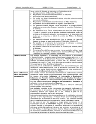 Miércoles 28 de octubre de 2015 DIARIO OFICIAL (Primera Sección) 123
Serán motivos de descarte de aspirantes en el cotejo documental:
a. La no presentación del Currículum Trabaja En.
b. No presentar la documentación comprobatoria en ORIGINAL.
c. No cumplir con el perfil de escolaridad.
d. No cumplir con el perfil de experiencia laboral o con los años mínimos de
experiencia solicitados.
e. No presentar la identificación oficial (Credencial del IFE o Pasaporte).
f. No presentar el acta de nacimiento en original o copia certificada.
g. No presentar la cartilla liberada o acta levantada en el ministerio público
de pérdida de documentos oficiales, o la solicitud de reposición efectuada en
la SEDENA.
h. No presentar el título, cédula profesional en caso de que el perfil requiera
TITULADO o GRADO, acta del examen profesional debidamente firmada y
emitida por la institución educativa correspondiente, o el documento que
avale que se encuentra en trámite la emisión del Título o la Cédula
Profesional.
i. No presentar el historial académico con 100% de créditos o la Carta de
Pasante en el caso de que el perfil requiera TERMINADO O PASANTE.
j. No acreditar el conocimiento de herramientas de cómputo o estudios
especializados (si es que el perfil así lo requiere).
k. No presentar constancias de conocimiento en idiomas (si el perfil del puesto
lo requiere).
l. Presentarse fuera del horario programado, mismo que se les notifica a las y
los aspirantes vía mensaje electrónico en el Sistema de Mensajes del portal
TrabajaEn, ya que no hay Tolerancia para retardos.
Temarios y Guías Los temarios referentes a la evaluación de conocimientos se encontrarán
a disposición de las y los aspirantes en el portal www.trabajaen.gob.mx, y en la
página electrónica de la Coordinación Nacional de PROSPERA Programa de
Inclusión Socialwww.prospera.gob.mx (Conoce más de: Apartado Servicio
Profesional de Carrera) a partir de la fecha de la publicación de la presente
Convocatoria en el Diario Oficial de la Federación.
Las guías para la evaluación de habilidades serán las consideradas para las
capacidades gerenciales/directivas, que se encuentran disponibles para su
consulta en la página electrónica www.trabajaen.gob.mx, cuya administración
está a cargo de la Secretaría de la Función Pública.
De las calificaciones,
de las herramientas
de evaluación
Los Comités Técnicos de Selección determinaron las calificaciones mínimas
aprobatorias para la evaluación de conocimientos, de la siguiente manera: Para
los puestos denominados Subdirector de Información y Seguimiento;
Subdirector de Atención Jurídica; Subdirector de Estudios Normativos,
Convenios y Contratos; la calificación mínima aprobatoria será de 80 puntos.
Para los puestos denominados Subdirector de Información y Secretaria, la
calificación mínima aprobatoria será de 75 puntos.
Esta evaluación será motivo de descarte en caso de no obtener la calificación
mínima solicitada para cada caso.
Los resultados obtenidos en las herramientas de evaluación realizadas con
las herramientas de la Secretaría de la Función Pública (Módulo Generador de
Exámenes), tendrán una vigencia de un año, contado a partir de su
acreditamiento, calificación que no será renunciable.
Los resultados aprobatorios obtenidos en evaluaciones de habilidades anteriores
aplicadas en otras Dependencias, a través del Módulo Generador de Exámenes
administrado por la Secretaría de la Función Pública, y que continúen vigentes
serán considerados cuando correspondan a las mismas habilidades a evaluar.
En los casos de las y los aspirantes a ocupar plazas convocadas por la
Coordinación Nacional de PROSPERA Programa de Inclusión Social, y que
tuviesen vigentes los resultados de habilidades evaluadas con herramientas
distintas al Módulo Generador de Exámenes que administra la Secretaría de la
Función Pública, en otra Dependencia del Sistema, dichos resultados no podrán
ser reconocidos para efectos de los concursos de la Coordinación Nacional, aun
tratándose de habilidades con el mismo nombre y/o nivel de dominio.
 