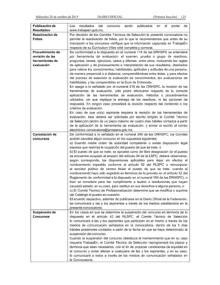 Miércoles 28 de octubre de 2015 DIARIO OFICIAL (Primera Sección) 125
Publicación de
Resultados
Los resultados del concurso serán publicados en el portal de
www.trabajaen.gob.mx.
Reactivación de
Folios
Por decisión de los Comités Técnicos de Selección la presente convocatoria no
permite la reactivación de folios, por lo que le recomendamos que antes de su
inscripción a los concursos verifique que la información capturada en TrabajaEn
respecto de su Currículum Vítae esté completa y correcta.
Procedimiento de
revisión de las
herramientas de
evaluación
De conformidad a lo dispuesto en el numeral 118 de las DRHSPC se entenderá
por herramienta de evaluación: el examen, prueba o grupo de reactivos,
preguntas, tareas, ejercicios, casos y dilemas, entre otros, incluyendo las reglas
de aplicación y de procesamiento e interpretación de sus resultados, diseñados
para valorar los conocimientos, habilidades, aptitudes y actitudes de una persona,
de manera presencial o a distancia, comprendiéndose entre éstas, y para efectos
del proceso de selección la evaluación de conocimientos, las evaluaciones de
habilidades, y las comprendidas en la Guía de Entrevista.
En apego a lo señalado por el numeral 219 de las DRHSPC, la revisión de las
herramientas de evaluación, sólo podrá efectuarse respecto de la correcta
aplicación de las herramientas de evaluación, métodos o procedimientos
utilizados, sin que implique la entrega de los reactivos, ni las opciones de
respuesta. En ningún caso procederá la revisión respecto del contenido o los
criterios de evaluación.
En caso de que un(a) aspirante requiera la revisión de las herramientas de
evaluación, ésta deberá ser solicitada por escrito dirigido al Comité Técnico
de Selección dentro de un plazo máximo de cuatro días hábiles contados a partir
de la aplicación de la herramienta de evaluación, y enviar el escrito al correo
electrónico convocatoria@prospera.gob.mx.
Cancelación de
concursos
De conformidad a lo señalado en el numeral 248 de las DRHSPC, los Comités
podrán cancelar algún concurso en los supuestos siguientes:
a) Cuando medie orden de autoridad competente o exista disposición legal
expresa que restrinja la ocupación del puesto de que se trate, o
b) El puesto de que se trate, se apruebe como de libre designación (si el puesto
se encuentra ocupado al amparo del artículo 34 de la LSPC, deberá observarse,
según corresponda, las disposiciones aplicables para dejar sin efectos el
nombramiento expedido conforme al artículo 92 del RLSPC o reincorporar
al servidor público de carrera titular al puesto de que se trate, cuando el
nombramiento haya sido expedido en términos de lo previsto en el artículo 52 del
Reglamento de conformidad a lo dispuesto en el numeral 160 de las DRHSPC), o
bien se considere para dar cumplimiento a laudos o resoluciones que hayan
causado estado, en su caso, para restituir en sus derechos a alguna persona, o
c) El Comité Técnico de Profesionalización determine que se modifica o suprime
del Catálogo el puesto en cuestión.
El acuerdo respectivo, además de publicarse en el Diario Oficial de la Federación,
se comunicará a las y los aspirantes a través de los medios establecidos en la
presente convocatoria.
Suspensión de
Concursos
En los casos en que se determine la suspensión del concurso en términos de lo
dispuesto en el artículo 42 del RLSPC, el Comité Técnico de Selección
lo comunicará a las y los aspirantes que participen en el mismo a través de los
medios de comunicación señalados en la convocatoria, dentro de los 5 días
hábiles posteriores contados a partir de la fecha en que se haya determinado la
suspensión del concurso.
Cuando la suspensión del concurso obedezca al mantenimiento que en su caso
requiera TrabajaEn, el Comité Técnico de Selección reprogramará los plazos y
términos que sean necesarios, con el fin de propiciar condiciones de equidad en
el concurso y evitar afectar a cualquiera de las y los aspirantes, y en su caso,
lo comunicará a estos a través de los medios de comunicación señalados en
la Convocatoria.
 