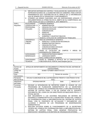 2 (Segunda Sección) DIARIO OFICIAL Miércoles 28 de octubre de 2015
8. IMPLANTAR SISTEMAS DE CONTROL Y EVALUACION DEL QUEHACER DE LAS
REPRESENTACIONES DE LA SUBSECRETARIA DE GOBIERNO, PARA CONTAR
HERRAMIENTAS QUE CONTRIBUYAN EN EL MANEJO DE LA INFORMACION
QUE SE GENERA DE SU OPERACION Y FUNCIONAMIENTO.
9. ATENDER LAS DEMAS FUNCIONES QUE LAS DISPOSICIONES LEGALES Y
REGLAMENTARIAS LE ATRIBUYAN EN EL AMBITO DE SU COMPETENCIA, ASI
COMO AQUELLAS QUE LE CONFIERA EL JEFE INMEDIATO.
Perfil y
Requisitos
ESCOLARIDAD
LICENCIATURA O
PROFESIONAL
TITULADO
CARRERA GENERICA:
• ADMINISTRACION
• CIENCIAS POLITICAS Y ADMINISTRACION PUBLICA
• CIENCIAS SOCIALES
• COMUNICACION
• DERECHO
• SOCIOLOGIA
• GOBIERNO Y ASUNTOS PUBLICOS
VEASE EL CATALOGO DE CARRERAS EN TRABAJAEN.
EXPERIENCIA
LABORAL
8 AÑOS
AREA DE EXPERIENCIA GENERICA:
• DERECHO Y LEGISLACION NACIONALES
• ADMINISTRACION PUBLICA
• CIENCIAS POLITICAS
• COMUNICACIONES SOCIALES
• SOCIOLOGIA GENERAL
VEASE EL CATALOGO DE CAMPOS Y AREAS DE
EXPERIENCIA EN TRABAJAEN.
CAPACIDADES
GERENCIALES
1. VISION ESTRATEGICA SISEPH
2. LIDERAZGO SISEPH
NIVEL 6 DIRECCION DE GENERAL
CAPACIDADES
TECNICAS
VEASE EL TEMARIO A DETALLE EN LA CONVOCATORIA
PUBLICADA EN EL PORTAL www.trabajaen.gob.mx
2.-
Nombre del
Puesto
JEFE(A) DE DEPARTAMENTO DE SEGUIMIENTO A PROYECTOS DEL SISTEMA DE
JUSTICIA PENAL
Código del
Puesto
04-800-1-CFOB001-0000131-E-C-S
Nivel
Administrativo
OB1 Número de vacantes 01
Percepción
Mensual Bruta
$19,432.72 (DIECINUEVE MIL CUATROCIENTOS TREINTA Y DOS PESOS 72/100
M.N.)
Adscripción
del Puesto
OFICIALIA MAYOR Sede MEXICO, D.F.
Funciones
Principales
1. REVISAR LA INTEGRACION DE REPORTES SOBRE EL AVANCE DE LOS
PROGRAMAS DE PLANEACION ADMINISTRATIVA EN LA SECRETARIA
TECNICA DEL CONSEJO DE COORDINACION PARA LA IMPLEMENTACION DEL
SISTEMA DE JUSTICIA PENAL, A FIN DE CONTAR CON EL SOPORTE
DOCUMENTAL DEL LOGRO EN LAS DIRECTRICES ESTABLECIDAS POR EL C.
OFICIAL MAYOR.
2. DAR SEGUIMIENTO A LAS ACCIONES REALIZADAS EN MATERIA DE
DESARROLLO ADMINISTRATIVO EN LA SECRETARIA TECNICA DEL CONSEJO
DE COORDINACION PARA LA IMPLEMENTACION DEL SISTEMA DE JUSTICIA
PENAL, CON EL PROPOSITO DE ACTUALIZAR Y DOCUMENTAR LOS
ALCANCES Y DESVIOS DE LOS PROGRAMAS DE MODERNIZACION
ADMINISTRATIVA.
3. REALIZAR ESTUDIOS SOBRE EL FUNCIONAMIENTO DE LA SECRETARIA
TECNICA DEL CONSEJO DE COORDINACION PARA LA IMPLEMENTACION DEL
SISTEMA DE JUSTICIA PENAL, PARA GENERAR PROPUESTAS DE
INNOVACION Y DESARROLLO EN MATERIA DE ORGANIZACION INTERNA.
 