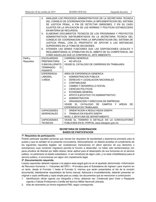 Miércoles 28 de octubre de 2015 DIARIO OFICIAL (Segunda Sección) 3
4. ANALIZAR LOS PROCESOS ADMINISTRATIVOS DE LA SECRETARIA TECNICA
DEL CONSEJO DE COORDINACION PARA LA IMPLEMENTACION DEL SISTEMA
DE JUSTICIA PENAL, A FIN DE DETECTAR OMISIONES, Y EN SU CASO
AJUSTES EN LA APLICACION DE LAS NORMAS Y POLITICAS ESTABLECIDAS
EN MATERIA DE RECURSOS.
5. ELABORAR DOCUMENTOS TECNICOS DE LOS PROGRAMAS Y PROYECTOS
ADMINISTRATIVOS INSTRUMENTADOS EN LA SECRETARIA TECNICA DEL
CONSEJO DE COORDINACION PARA LA IMPLEMENTACION DEL SISTEMA DE
JUSTICIA PENAL, CON EL PROPOSITO DE APOYAR A LAS INSTANCIAS
SUPERIORES EN LA TOMA DE DECISIONES.
6. ATENDER LAS DEMAS FUNCIONES QUE LAS DISPOSICIONES LEGALES Y
REGLAMENTARIAS LE ATRIBUYAN EN EL AMBITO DE SU COMPETENCIA, ASI
COMO AQUELLAS QUE LE CONFIERA EL JEFE INMEDIATO.
Perfil y
Requisitos
ESCOLARIDAD
PREPARATORIA
O BACHILLERATO
TERMINADO O
PASANTE
CARRERA GENERICA:
• NO APLICA
VEASE EL CATALOGO DE CARRERAS EN TRABAJAEN.
EXPERIENCIA
LABORAL
3 AÑOS
AREA DE EXPERIENCIA GENERICA:
• ADMINISTRACION PUBLICA
• DERECHO Y LEGISLACION NACIONALES
• CONTABILIDAD
• CAMBIO Y DESARROLLO SOCIAL
• CIENCIAS POLITICAS
• ECONOMIA GENERAL
• APOYO EJECUTIVO Y/O ADMINISTRATIVO
• ADMINISTRACION
• ORGANIZACION Y DIRECCION DE EMPRESAS
VEASE EL CATALOGO DE CAMPOS Y AREAS DE
EXPERIENCIA EN TRABAJAEN.
CAPACIDADES
GERENCIALES
1. ORIENTACION A RESULTADOS SISEPH
2. TRABAJO EN EQUIPO SISEPH
NIVEL 2 JEFATURA DE DEPARTAMENTO
CAPACIDADES
TECNICAS
VEASE EL TEMARIO A DETALLE EN LA CONVOCATORIA
PUBLICADA EN EL PORTAL www.trabajaen.gob.mx
SECRETARIA DE GOBERNACION
BASES DE PARTICIPACION
1ª. Requisitos de participación.
Podrán participar aquellas personas que reúnan los requisitos de escolaridad y experiencia previstos para el
puesto y que se señalan en la presente convocatoria. Adicionalmente, se deberá acreditar el cumplimiento de
los siguientes requisitos legales: ser ciudadano(a) mexicano(a) en pleno ejercicio de sus derechos o
extranjero(a) cuya condición migratoria permita la función a desarrollar; no haber sido sentenciado(a) con
pena privativa de libertad por delito doloso; tener aptitud para el desempeño de sus funciones en el servicio
público; no pertenecer al estado eclesiástico, ni ser ministro(a) de algún culto; y no estar inhabilitado(a) para el
servicio público, ni encontrarse con algún otro impedimento legal.
2ª. Documentación requerida.
Los(as) aspirantes deberán ingresar a la página www.segob.gob.mx en el apartado denominado <Información
de Recursos Humanos >, <Vacantes del SPC>, <Formatos para el Subsistema de Ingreso> para imprimir en
un tanto, desde el Formato 1 hasta el Formato 5; mismos que serán presentados el día de la revisión
documental, debidamente requisitados de forma manual. Adicional e invariablemente, deberán presentar en
original o copia certificada y copia simple para su cotejo, los documentos que se mencionan a continuación:
1. Identificación oficial vigente con fotografía y firma, debiendo ser: Credencial para Votar o Pasaporte
vigente o Cédula Profesional o Cartilla del Servicio Militar Nacional Liberada.
2. Acta de nacimiento y/o forma migratoria FM3, según corresponda.
 