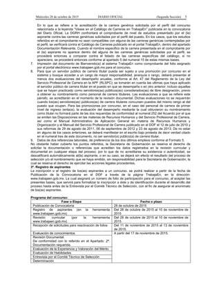 Miércoles 28 de octubre de 2015 DIARIO OFICIAL (Segunda Sección) 5
En lo que se refiere a la acreditación de la carrera genérica solicitada por el perfil del concurso
relacionada a la leyenda “Véase en el Catálogo de Carreras en TrabajaEn” publicada en la convocatoria
del Diario Oficial. La DGRH confrontará el comprobante de nivel de estudios presentado por el (la)
aspirante contra las carreras genéricas solicitadas por el perfil del puesto. En los casos, que los estudios
referidos en el comprobante no sean compatibles con alguna de las carreras genéricas contempladas por
el perfil, se verificará contra el Catálogo de Carreras publicado en el portal TrabajaEn, dentro del apartado
Documentación Relevante. Cuando el nombre especifico de la carrera presentada en el comprobante por
el (la) aspirante no aparece dentro del alguna de las carreras genéricas solicitadas por el perfil, se
procederá entonces a comparar contra el listado de las carreras especificas del catálogo, si no
apareciera, se procederá entonces conforme al apartado 5 del numeral 15 de estas mismas bases.
7. Impresión del documento de Bienvenido(a) al sistema TrabajaEn como comprobante del folio asignado
por el portal electrónico www.trabajaen.gob.mx para el concurso.
8. Para que un servidor público de carrera titular pueda ser sujeto a una promoción por concurso en el
sistema y busque acceder a un cargo de mayor responsabilidad, jerarquía o rango, deberá presentar al
menos dos evaluaciones del desempeño anuales, conforme al Art. 47 del Reglamento de la Ley del
Servicio Profesional de Carrera en la APF (RLSPC); se tomarán en cuenta las ultimas que haya aplicado
el servidor público de carrera titular en el puesto en que se desempeña o en otro anterior; incluso aquellas
que se hayan practicado como servidores(as) públicos(as) considerados(as) de libre designación, previo
a obtener su nombramiento como personal de carrera titulares. Las evaluaciones a que se refiere este
párrafo, se acreditarán en el momento de la revisión documental. Dichas evaluaciones no se requerirán
cuando los(as) servidores(as) públicos(as) de carrera titulares concursen puestos del mismo rango al del
puesto que ocupen. Para las promociones por concurso, en el caso del personal de carrera de primer
nivel de ingreso (enlace), la evaluación del desempeño mediante la cual obtuvieron su nombramiento
como titular no formará parte de las dos requeridas de conformidad al numeral 252 del Acuerdo por el que
se emiten las Disposiciones en las materias de Recursos Humanos y del Servicio Profesional de Carrera,
así como el Manual Administrativo de Aplicación General en materia de Recursos Humanos y
Organización y el Manual del Servicio Profesional de Carrera publicado en el DOF el 12 de julio de 2010 y
sus reformas de 29 de agosto de 2011, 06 de septiembre de 2012 y 23 de agosto de 2013. De no estar
en alguno de los casos anteriores, se deberá manifestar en el escrito bajo protesta de decir verdad citado
en el numeral tres de este documento, no ser servidor(a) público(a) de carrera titular.
9. Datos de dos referencias laborales, de preferencia de los dos últimos empleos conforme al Formato 5.
No obstante haber cubierto los puntos referidos, la Secretaría de Gobernación se reserva el derecho de
solicitar la documentación o referencias que acrediten los datos registrados en la revisión curricular y
documental en cualquier etapa del proceso; por lo que de no acreditarse su existencia o autenticidad, se
descalificará automáticamente al(la) aspirante, o en su caso, se dejará sin efecto el resultado del proceso de
selección y/o el nombramiento que se haya emitido, sin responsabilidad para la Secretaría de Gobernación, la
cual se reserva el derecho de ejercitar las acciones legales procedentes.
3ª. Registro de aspirantes
La inscripción o el registro de los(as) aspirantes a un concurso, se podrá realizar a partir de la fecha de
Publicación de la Convocatoria en el DOF a través de la página TrabajaEn, en la dirección:
www.trabajaen.gob.mx. La cual asignará un número de folio de participación para el concurso, al aceptar las
presentes bases, que servirá para formalizar la inscripción a éste y de identificación durante el desarrollo del
proceso hasta antes de la Entrevista por el Comité Técnico de Selección, con el fin de asegurar el anonimato
de los(as) aspirantes.
Programa del concurso:
Fase o Etapa Fecha o plazo
Publicación de Convocatoria 28 de octubre de 2015
Registro de aspirantes (en la herramienta
www.trabajaen.gob.mx)
Del 28 de octubre de 2015 al 10 de noviembre de
2015
Revisión curricular (por la herramienta
www.trabajaen.gob.mx)
Del 28 de octubre de 2015 al 10 de noviembre de
2015
Recepción de solicitudes para reactivación de folios Del 11 de noviembre de 2015 al 13 de noviembre
de 2015.
Evaluación de conocimientos A partir del 17 de noviembre de 2015.
Revisión Documental.
De conformidad con lo referido en el Apartado: 2ª.
Documentación requerida.
Evaluación de la Experiencia y Valoración del Mérito
Evaluación de Habilidades
Entrevista por el Comité Técnico de Selección
Determinación
 