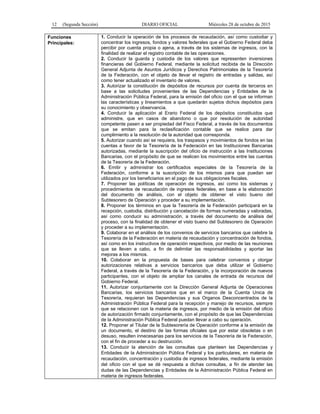 12 (Segunda Sección) DIARIO OFICIAL Miércoles 28 de octubre de 2015
Funciones
Principales:
1. Conducir la operación de los procesos de recaudación, así como custodiar y
concentrar los ingresos, fondos y valores federales que el Gobierno Federal deba
percibir por cuenta propia o ajena, a través de los sistemas de ingresos, con la
finalidad de realizar el registro contable de las operaciones.
2. Conducir la guarda y custodia de los valores que representen inversiones
financieras del Gobierno Federal, mediante la solicitud recibida de la Dirección
General Adjunta de Asuntos Jurídicos y Derechos Patrimoniales de la Tesorería
de la Federación, con el objeto de llevar el registro de entradas y salidas, así
como tener actualizado el inventario de valores.
3. Autorizar la constitución de depósitos de recursos por cuenta de terceros en
base a las solicitudes provenientes de las Dependencias y Entidades de la
Administración Pública Federal, para la emisión del oficio con el que se informan
las características y lineamientos a que quedarán sujetos dichos depósitos para
su conocimiento y observancia.
4. Conducir la aplicación al Erario Federal de los depósitos constituidos que
administre, que en casos de abandono o que por resolución de autoridad
competente pasen a ser propiedad del Fisco Federal, a través de los documentos
que se emitan para la reclasificación contable que se realice para dar
cumplimiento a la resolución de la autoridad que corresponda.
5. Autorizar cuando así se requiera, los traspasos y movimientos de fondos en las
cuentas a favor de la Tesorería de la Federación en las Instituciones Bancarias
autorizadas, mediante la suscripción del oficio de instrucción a las Instituciones
Bancarias, con el propósito de que se realicen los movimientos entre las cuentas
de la Tesorería de la Federación.
6. Emitir y administrar los certificados especiales de la Tesorería de la
Federación, conforme a la suscripción de los mismos para que puedan ser
utilizados por los beneficiarios en el pago de sus obligaciones fiscales.
7. Proponer las políticas de operación de ingresos, así como los sistemas y
procedimientos de recaudación de ingresos federales, en base a la elaboración
del documento de análisis, con el objeto de obtener el visto bueno del
Subtesorero de Operación y proceder a su implementación.
8. Proponer los términos en que la Tesorería de la Federación participará en la
recepción, custodia, distribución y cancelación de formas numeradas y valoradas,
así como conducir su administración, a través del documento de análisis del
proceso, con la finalidad de obtener el visto bueno del Subtesorero de Operación
y proceder a su implementación.
9. Colaborar en el análisis de los convenios de servicios bancarios que celebre la
Tesorería de la Federación en materia de recaudación y concentración de fondos,
así como en los instructivos de operación respectivos, por medio de las reuniones
que se lleven a cabo, a fin de delimitar las responsabilidades y aportar las
mejoras a los mismos.
10. Colaborar en la propuesta de bases para celebrar convenios y otorgar
autorizaciones relativas a servicios bancarios que deba utilizar el Gobierno
Federal, a través de la Tesorería de la Federación, y la incorporación de nuevos
participantes, con el objeto de ampliar los canales de entrada de recursos del
Gobierno Federal.
11. Autorizar conjuntamente con la Dirección General Adjunta de Operaciones
Bancarias, los servicios bancarios que en el marco de la Cuenta Unica de
Tesorería, requieran las Dependencias y sus Organos Desconcentrados de la
Administración Pública Federal para la recepción y manejo de recursos, siempre
que se relacionen con la materia de ingresos, por medio de la emisión del oficio
de autorización firmado conjuntamente, con el propósito de que las Dependencias
de la Administración Pública Federal puedan llevar a cabo su operación.
12. Proponer al Titular de la Subtesorería de Operación conforme a la emisión de
un documento, el destino de las formas oficiales que por estar obsoletas o en
desuso, resulten innecesarias para los servicios de la Tesorería de la Federación,
con el fin de proceder a su destrucción.
13. Conducir la atención de las consultas que planteen las Dependencias y
Entidades de la Administración Pública Federal y los particulares, en materia de
recaudación, concentración y custodia de ingresos federales, mediante la emisión
del oficio con el que se dé respuesta a dichas consultas, a fin de atender las
dudas de las Dependencias y Entidades de la Administración Pública Federal en
materia de ingresos federales.
 