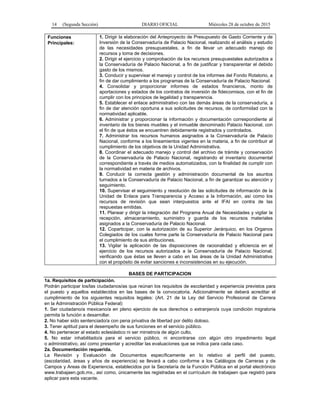 14 (Segunda Sección) DIARIO OFICIAL Miércoles 28 de octubre de 2015
Funciones
Principales:
1. Dirigir la elaboración del Anteproyecto de Presupuesto de Gasto Corriente y de
Inversión de la Conservaduría de Palacio Nacional, realizando el análisis y estudio
de las necesidades presupuestales, a fin de llevar un adecuado manejo de
recursos y toma de decisiones.
2. Dirigir el ejercicio y comprobación de los recursos presupuestales autorizados a
la Conservaduría de Palacio Nacional, a fin de justificar y transparentar el debido
gasto de los mismos.
3. Conducir y supervisar el manejo y control de los informes del Fondo Rotatorio, a
fin de dar cumplimiento a los programas de la Conservaduría de Palacio Nacional.
4. Consolidar y proporcionar informes de estados financieros, monto de
aportaciones y estados de los contratos de inversión de fideicomisos, con el fin de
cumplir con los principios de legalidad y transparencia.
5. Establecer el enlace administrativo con las demás áreas de la conservaduría, a
fin de dar atención oportuna a sus solicitudes de recursos, de conformidad con la
normatividad aplicable.
6. Administrar y proporcionar la información y documentación correspondiente al
inventario de los bienes muebles y el inmueble denominado Palacio Nacional, con
el fin de que éstos se encuentren debidamente registrados y controlados.
7. Administrar los recursos humanos asignados a la Conservaduría de Palacio
Nacional, conforme a los lineamientos vigentes en la materia, a fin de contribuir al
cumplimiento de los objetivos de la Unidad Administrativa.
8. Coordinar el adecuado manejo y control del archivo de trámite y conservación
de la Conservaduría de Palacio Nacional, registrando el inventario documental
correspondiente a través de medios automatizados, con la finalidad de cumplir con
la normatividad en materia de archivos.
9. Conducir la correcta gestión y administración documental de los asuntos
turnados a la Conservaduría de Palacio Nacional, a fin de garantizar su atención y
seguimiento.
10. Supervisar el seguimiento y resolución de las solicitudes de información de la
Unidad de Enlace para Transparencia y Acceso a la Información, así como los
recursos de revisión que sean interpuestos ante el IFAI en contra de las
respuestas emitidas.
11. Planear y dirigir la integración del Programa Anual de Necesidades y vigilar la
recepción, almacenamiento, suministro y guarda de los recursos materiales
asignados a la Conservaduría de Palacio Nacional.
12. Coparticipar, con la autorización de su Superior Jerárquico, en los Organos
Colegiados de los cuales forme parte la Conservaduría de Palacio Nacional para
el cumplimiento de sus atribuciones.
13. Vigilar la aplicación de las disposiciones de racionalidad y eficiencia en el
ejercicio de los recursos autorizados a la Conservaduría de Palacio Nacional,
verificando que éstas se lleven a cabo en las áreas de la Unidad Administrativa
con el propósito de evitar sanciones e inconsistencias en su ejecución.
BASES DE PARTICIPACION
1a. Requisitos de participación.
Podrán participar los/las ciudadanos/as que reúnan los requisitos de escolaridad y experiencia previstos para
el puesto y aquellos establecidos en las bases de la convocatoria. Adicionalmente se deberá acreditar el
cumplimiento de los siguientes requisitos legales: (Art. 21 de la Ley del Servicio Profesional de Carrera
en la Administración Pública Federal)
1. Ser ciudadano/a mexicano/a en pleno ejercicio de sus derechos o extranjero/a cuya condición migratoria
permita la función a desarrollar.
2. No haber sido sentenciado/a con pena privativa de libertad por delito doloso.
3. Tener aptitud para el desempeño de sus funciones en el servicio público.
4. No pertenecer al estado eclesiástico ni ser ministro/a de algún culto.
5. No estar inhabilitado/a para el servicio público, ni encontrarse con algún otro impedimento legal
o administrativo, así como presentar y acreditar las evaluaciones que se indica para cada caso.
2a. Documentación requerida.
La Revisión y Evaluación de Documentos específicamente en lo relativo al perfil del puesto,
(escolaridad, áreas y años de experiencia) se llevará a cabo conforme a los Catálogos de Carreras y de
Campos y Areas de Experiencia, establecidos por la Secretaría de la Función Pública en el portal electrónico
www.trabajaen.gob.mx., así como, únicamente las registradas en el currículum de trabajaen que registró para
aplicar para esta vacante.
 