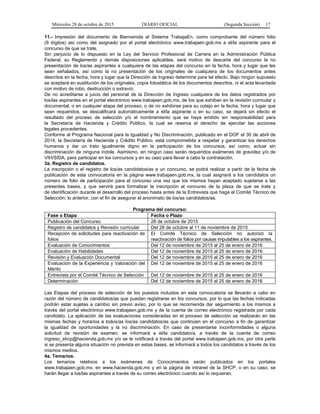 Miércoles 28 de octubre de 2015 DIARIO OFICIAL (Segunda Sección) 17
11.- Impresión del documento de Bienvenida al Sistema TrabajaEn, como comprobante del número folio
(9 dígitos) así como del asignado por el portal electrónico www.trabajaen.gob.mx a el/la aspirante para el
concurso de que se trate.
Sin perjuicio de lo dispuesto en la Ley del Servicio Profesional de Carrera en la Administración Pública
Federal, su Reglamento y demás disposiciones aplicables, será motivo de descarte del concurso la no
presentación de los/as aspirantes a cualquiera de las etapas del concurso en la fecha, hora y lugar que les
sean señalados, así como la no presentación de los originales de cualquiera de los documentos antes
descritos en la fecha, hora y lugar que la Dirección de Ingreso determine para tal efecto. Bajo ningún supuesto
se aceptará en sustitución de los originales, copia fotostática de los documentos descritos, ni el acta levantada
con motivo de robo, destrucción o extravío.
De no acreditarse a juicio del personal de la Dirección de Ingreso cualquiera de los datos registrados por
los/las aspirantes en el portal electrónico www.trabajaen.gob.mx, de los que exhiban en la revisión curricular y
documental, o en cualquier etapa del proceso; o de no exhibirse para su cotejo en la fecha, hora y lugar que
sean requeridos, se descalificará automáticamente a el/la aspirante o en su caso, se dejará sin efecto el
resultado del proceso de selección y/o el nombramiento que se haya emitido sin responsabilidad para
la Secretaría de Hacienda y Crédito Público, la cual se reserva el derecho de ejercitar las acciones
legales procedentes.
Conforme al Programa Nacional para la Igualdad y No Discriminación, publicado en el DOF el 30 de abril de
2014, la Secretaría de Hacienda y Crédito Público, está comprometida a respetar y garantizar los derechos
humanos y dar un trato igualmente digno en la participación de los concursos, así como, actuar sin
discriminación de ninguna índole. Asimismo, en ningún caso serán requeridos exámenes de gravidez y/o de
VIH/SIDA, para participar en los concursos y en su caso para llevar a cabo la contratación.
3a. Registro de candidatos.
La inscripción o el registro de los/as candidatos/as a un concurso, se podrá realizar a partir de la fecha de
publicación de esta convocatoria en la página www.trabajaen.gob.mx, la cual asignará a los candidatos un
número de folio de participación para el concurso una vez que los mismos hayan aceptado sujetarse a las
presentes bases, y que servirá para formalizar la inscripción al concurso de la plaza de que se trate y
de identificación durante el desarrollo del proceso hasta antes de la Entrevista que haga el Comité Técnico de
Selección; lo anterior, con el fin de asegurar el anonimato de los/as candidatos/as.
Programa del concurso:
Fase o Etapa Fecha o Plazo
Publicación del Concurso 28 de octubre de 2015
Registro de candidatos y Revisión curricular Del 28 de octubre al 11 de noviembre de 2015
Recepción de solicitudes para reactivación de
folios
El Comité Técnico de Selección no autorizó la
reactivación de folios por causas imputables a los aspirantes.
Evaluación de Conocimientos Del 12 de noviembre de 2015 al 25 de enero de 2016
Evaluación de Habilidades Del 12 de noviembre de 2015 al 25 de enero de 2016
Revisión y Evaluación Documental Del 12 de noviembre de 2015 al 25 de enero de 2016
Evaluación de la Experiencia y Valoración del
Mérito
Del 12 de noviembre de 2015 al 25 de enero de 2016
Entrevista por el Comité Técnico de Selección Del 12 de noviembre de 2015 al 25 de enero de 2016
Determinación Del 12 de noviembre de 2015 al 25 de enero de 2016
Las Etapas del proceso de selección de los puestos incluidos en esta convocatoria se llevarán a cabo en
razón del número de candidatos/as que puedan registrarse en los concursos, por lo que las fechas indicadas
podrán estar sujetas a cambio sin previo aviso, por lo que se recomienda dar seguimiento a los mismos a
través del portal electrónico www.trabajaen.gob.mx y de la cuenta de correo electrónico registrada por cada
candidato. La aplicación de las evaluaciones consideradas en el proceso de selección se realizarán en las
mismas fechas y horarios a todos/as los/as candidatos/as que continúen en el concurso a fin de garantizar
la igualdad de oportunidades y la no discriminación. En caso de presentarse inconformidades o alguna
solicitud de revisión de examen, se informará a el/la candidato/a, a través de la cuenta de correo
ingreso_shcp@hacienda.gob.mx y/o se le notificará a través del portal www.trabajaen.gob.mx, por otra parte
si se presenta alguna situación no prevista en estas bases, se informará a todos los candidatos a través de los
mismos medios.
4a. Temarios.
Los temarios relativos a los exámenes de Conocimientos serán publicados en los portales
www.trabajaen.gob.mx, en www.hacienda.gob.mx y en la página de intranet de la SHCP, o en su caso, se
harán llegar a los/las aspirantes a través de su correo electrónico cuando así lo requieran.
 