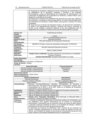 30 (Segunda Sección) DIARIO OFICIAL Miércoles 28 de octubre de 2015
17. Supervisar la recepción y distribución de las constancias de nombramiento de
los trabajadores de la Secretaría, validando y turnando a las Unidades
Administrativas y áreas correspondientes las Constancias de Nombramiento, de
conformidad al Reglamento de la Secretaría de Hacienda y Crédito Público, para
integración a expedientes personales.
18. Supervisar la recepción de expedientes del personal que causa baja, validando
documentación y turnándola al área correspondiente, de conformidad al Reglamento
de la Secretaría de Hacienda y Crédito Público, para guarda y custodia en el área
competente.
19. Supervisar que el servicio de transporte escolar y de personal de la Secretaría,
se ajuste a las especificaciones técnicas y alcances del servicio, revisando el
servicio de las Unidades y generando bitácoras de las rutas establecidas, para el
otorgamiento de la prestación en tiempo y forma a los servidores públicos y sus hijos.
Nombre del
Puesto:
Subdirector(a) de Glosa
Vacante(s): 1 (Una).
Código: 06-711-1-CFNC002-0000725-E-C-M
Rama de Cargo: Recursos Humanos.
Nivel
(Grupo/Grado):
NC2 (del Tabulador de Percepciones Ordinarias).
Percepción
Mensual Bruta:
$39,909.10 (Treinta y nueve mil novecientos nueve pesos 10/100 M.N.).
Unidad de
Adscripción:
Dirección General de Recursos Humanos.
Sede(s) o
Radicación:
México, Distrito Federal.
Aspectos
Relevantes:
Trabajo Técnico Calificado: El puesto requiere de conocimientos en Contabilidad,
Finanzas y Auditoría.
Puestos Subordinados: El puesto tiene puestos a su cargo.
Perfil y Requisitos:
Escolaridad:
Nivel Académico: Licenciatura o Profesional.
Grado de Avance: Titulado.
Carreras:
Areas Generales Carreras Genéricas
Ciencias Sociales y Administrativas Administración
Ciencias Sociales y Administrativas Contaduría
Ciencias Sociales y Administrativas Derecho
Experiencia Laboral:
Años de Experiencia: 4 años mínimo.
Areas de Experiencia:
Grupo de Experiencia Area General
Ciencias Económicas Administración
Ciencias Jurídicas y Derecho Derecho y Legislación Nacionales
Ciencia Política Administración Pública
Conocimientos: Recursos Humanos-Relaciones Laborales, Administración de Personal y
Remuneraciones. Recursos Humanos-Organización y Presupuesto, Capítulo 1000.
Conocimientos de la SHCP y de la APF. (Valor en el Sistema de Puntuación
General 20%, mínimo aprobatorio 70).
Habilidades: Liderazgo y Trabajo en Equipo (Valor en el Sistema de Puntuación General 20%).
Experiencia: Valor en el Sistema de Puntuación General 20%.
Mérito: Valor en el Sistema de Puntuación General 10%.
Entrevista: Valor en el Sistema de Puntuación General 30%.
Otros
Requerimientos:
Horario: Mixto. Paquetería informática: Nivel Intermedio en Microsoft Office y
CONTPAQ i (Sistema de Registro Contable).
Funciones
Principales:
1. Verificar la actualización del padrón de servidores públicos de la Secretaría, que
son habilitados como agentes distribuidores por la Unidad y/o Coordinación
Administrativa, comprobando que se encuentren dentro de la base de datos vigente
y aplicando revisiones periódicas al mismo, con la finalidad de entregar y distribuir
los productos de nómina a través del personal autorizado.
2. Supervisar las funciones de distribución local y foránea de los productos de
nómina, revisando periódicamente el control del rezago de listados de firma de
nómina, con la finalidad de integrar la documentación comprobatoria del ejercicio del
Gasto conforme a los periodos establecidos para su comprobación.
 