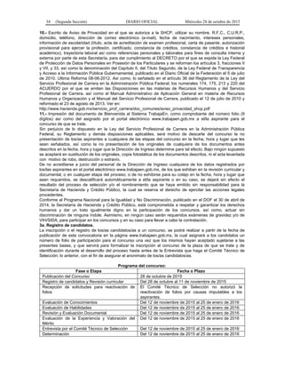 34 (Segunda Sección) DIARIO OFICIAL Miércoles 28 de octubre de 2015
10.- Escrito de Aviso de Privacidad en el que se autoriza a la SHCP, utilizar su nombre, R.F.C., C.U.R.P.,
domicilio, teléfono, dirección de correo electrónico (e-mail), fecha de nacimiento, intereses personales,
información de escolaridad (título, acta de acreditación de examen profesional, carta de pasante, autorización
provisional para ejercer la profesión, certificado, constancia de créditos, constancia de créditos e historial
académico), trayectoria laboral así como referencias personales y laborales para fines de consulta interna y
externa por parte de esta Secretaría, para dar cumplimiento al DECRETO por el que se expide la Ley Federal
de Protección de Datos Personales en Posesión de los Particulares y se reforman los artículos 3, fracciones II
y VII, y 33, así como la denominación del Capítulo II, del Título Segundo, de la Ley Federal de Transparencia
y Acceso a la Información Pública Gubernamental, publicado en el Diario Oficial de la Federación el 5 de julio
de 2010. Ultima Reforma 08-06-2012. Así como, lo señalado en el artículo 36 del Reglamento de la Ley del
Servicio Profesional de Carrera en la Administración Pública Federal; los numerales 174, 175, 213 y 220 del
ACUERDO por el que se emiten las Disposiciones en las materias de Recursos Humanos y del Servicio
Profesional de Carrera, así como el Manual Administrativo de Aplicación General en materia de Recursos
Humanos y Organización y el Manual del Servicio Profesional de Carrera, publicado el 12 de julio de 2010 y
reformado el 23 de agosto de 2013. Ver en:
http://www.hacienda.gob.mx/servicio_prof_carrera/doc_comunes/aviso_privacidad_shcp.pdf
11.- Impresión del documento de Bienvenida al Sistema TrabajaEn, como comprobante del número folio (9
dígitos) así como del asignado por el portal electrónico www.trabajaen.gob.mx a el/la aspirante para el
concurso de que se trate.
Sin perjuicio de lo dispuesto en la Ley del Servicio Profesional de Carrera en la Administración Pública
Federal, su Reglamento y demás disposiciones aplicables, será motivo de descarte del concurso la no
presentación de los/as aspirantes a cualquiera de las etapas del concurso en la fecha, hora y lugar que les
sean señalados, así como la no presentación de los originales de cualquiera de los documentos antes
descritos en la fecha, hora y lugar que la Dirección de Ingreso determine para tal efecto. Bajo ningún supuesto
se aceptará en sustitución de los originales, copia fotostática de los documentos descritos, ni el acta levantada
con motivo de robo, destrucción o extravío.
De no acreditarse a juicio del personal de la Dirección de Ingreso cualquiera de los datos registrados por
los/las aspirantes en el portal electrónico www.trabajaen.gob.mx, de los que exhiban en la revisión curricular y
documental, o en cualquier etapa del proceso; o de no exhibirse para su cotejo en la fecha, hora y lugar que
sean requeridos, se descalificará automáticamente a el/la aspirante o en su caso, se dejará sin efecto el
resultado del proceso de selección y/o el nombramiento que se haya emitido sin responsabilidad para la
Secretaría de Hacienda y Crédito Público, la cual se reserva el derecho de ejercitar las acciones legales
procedentes.
Conforme al Programa Nacional para la Igualdad y No Discriminación, publicado en el DOF el 30 de abril de
2014, la Secretaría de Hacienda y Crédito Público, está comprometida a respetar y garantizar los derechos
humanos y dar un trato igualmente digno en la participación de los concursos, así como, actuar sin
discriminación de ninguna índole. Asimismo, en ningún caso serán requeridos exámenes de gravidez y/o de
VIH/SIDA, para participar en los concursos y en su caso para llevar a cabo la contratación.
3a. Registro de candidatos.
La inscripción o el registro de los/as candidatos/as a un concurso, se podrá realizar a partir de la fecha de
publicación de esta convocatoria en la página www.trabajaen.gob.mx, la cual asignará a los candidatos un
número de folio de participación para el concurso una vez que los mismos hayan aceptado sujetarse a las
presentes bases, y que servirá para formalizar la inscripción al concurso de la plaza de que se trate y de
identificación durante el desarrollo del proceso hasta antes de la Entrevista que haga el Comité Técnico de
Selección; lo anterior, con el fin de asegurar el anonimato de los/as candidatos/as.
Programa del concurso:
Fase o Etapa Fecha o Plazo
Publicación del Concurso 28 de octubre de 2015
Registro de candidatos y Revisión curricular Del 28 de octubre al 11 de noviembre de 2015
Recepción de solicitudes para reactivación de
folios
El Comité Técnico de Selección no autorizó la
reactivación de folios por causas imputables a los
aspirantes.
Evaluación de Conocimientos Del 12 de noviembre de 2015 al 25 de enero de 2016
Evaluación de Habilidades Del 12 de noviembre de 2015 al 25 de enero de 2016
Revisión y Evaluación Documental Del 12 de noviembre de 2015 al 25 de enero de 2016
Evaluación de la Experiencia y Valoración del
Mérito
Del 12 de noviembre de 2015 al 25 de enero de 2016
Entrevista por el Comité Técnico de Selección Del 12 de noviembre de 2015 al 25 de enero de 2016
Determinación Del 12 de noviembre de 2015 al 25 de enero de 2016
 