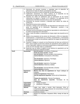 42 (Segunda Sección) DIARIO OFICIAL Miércoles 28 de octubre de 2015
11. Administrar los recursos humanos y materiales para el desarrollo de
aplicaciones en hojas de cálculo o procesadores de texto.
12. Supervisar el avance en cuanto el desarrollo de estas aplicaciones.
13. Implementar mecanismos de mejora continua en el desarrollo de las
aplicaciones en hojas de cálculo o procesadores de texto.
14. Coordinar las visitas de certificación para la autorización de las nuevas
instituciones de seguros y fianzas, en lo referente a la supervisión de la
infraestructura informática necesaria para su inicio de operaciones.
15. Administrar los recursos humanos y materiales para realizar las visitas de
certificación.
16. Supervisar el avance de las auditorías.
17. Coordinar y trabajar como administrador de Seguridad de la Información con el
grupo de seguridad de la información; implementar, coordinar y dar
mantenimiento al SGSI.
18. Garantizar que las actividades de seguridad son ejecutadas en conformidad con
la política de seguridad de la información.
19. Llevar a cabo los análisis y evaluaciones de riesgos según sea requerido por el
SGSI.
20. Apoyar a los propietarios de los activos de información y GSI en el desarrollo,
implementación y mantenimiento de controles, procedimientos y herramientas
de soporte para cumplir con las políticas y gestionar los riesgos de seguridad de
la información.
21. Coordinar y trabajar en conjunto con las Direcciones de Area que conforma la
DGTI, para el registro anual de las matrices de capacitación para la gestión de
cursos, diplomados, talleres y/o seminarios programados y/o ejecutados durante
el año con el fin de poder medir su cumplimiento.
22. Supervisar que se realice el registro en las matrices de capacitación por las
Direcciones de Area que conforman la DGTI.
Perfil Escolaridad Nivel de estudio: Licenciatura o Profesional.
Grado de avance escolar: Titulado.
Area de Estudio: Ciencias Sociales y Administrativas.
Carrera Genérica: Computación e Informática.
o
Area de Estudio: Ingeniería y Tecnología.
Carrera Genérica: Ingeniería.
o
Area de Estudio: Ingeniería y Tecnología.
Carrera Genérica: Sistemas y Calidad.
o
Area de Estudio: Ciencias Naturales y Exactas.
Carrera Genérica: Actuaría.
Experiencia
laboral
Mínimo tres años de experiencia en: Según catálogos de
trabajaen
Campo de experiencia: Matemáticas.
Area de experiencia requerida: Ciencia de los Ordenadores.
o
Campos de experiencia: Ciencias Tecnológicas.
Area de experiencia requerida: Tecnología de los
Ordenadores.
Capacidades
Gerenciales/
Habilidades
• Trabajo en equipo
• Orientación a resultados
Idiomas Inglés: Leer, hablar y escribir. Nivel Intermedio. (Para su
comprobación parte de la evaluación de conocimientos se podrá
realizar en el idioma inglés).
Técnicas Conforme a temario.
Otros Manejo de computador. Paquetería Office, manejo de base de
datos.
 