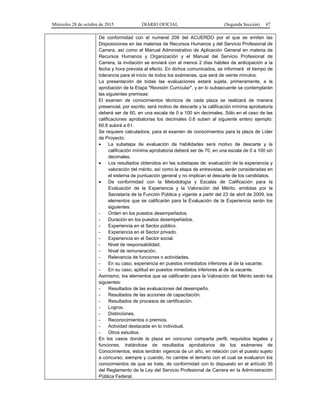 Miércoles 28 de octubre de 2015 DIARIO OFICIAL (Segunda Sección) 47
De conformidad con el numeral 208 del ACUERDO por el que se emiten las
Disposiciones en las materias de Recursos Humanos y del Servicio Profesional de
Carrera, así como el Manual Administrativo de Aplicación General en materia de
Recursos Humanos y Organización y el Manual del Servicio Profesional de
Carrera, la invitación se enviará con al menos 2 días hábiles de anticipación a la
fecha y hora prevista al efecto. En dichos comunicados, se informará el tiempo de
tolerancia para el inicio de todos los exámenes, que será de veinte minutos.
La presentación de todas las evaluaciones estará sujeta, primeramente, a la
aprobación de la Etapa "Revisión Curricular", y en lo subsecuente se contemplarán
las siguientes premisas:
El examen de conocimientos técnicos de cada plaza se realizará de manera
presencial, por escrito, será motivo de descarte y la calificación mínima aprobatoria
deberá ser de 60, en una escala de 0 a 100 sin decimales. Sólo en el caso de las
calificaciones aprobatorias los decimales 0.6 suben al siguiente entero ejemplo:
60.6 subirá a 61.
Se requiere calculadora, para el examen de conocimientos para la plaza de Líder
de Proyecto.
• La subetapa de evaluación de habilidades será motivo de descarte y la
calificación mínima aprobatoria deberá ser de 70, en una escala de 0 a 100 sin
decimales.
• Los resultados obtenidos en las subetapas de: evaluación de la experiencia y
valoración del mérito, así como la etapa de entrevistas, serán consideradas en
el sistema de puntuación general y no implican el descarte de los candidatos.
• De conformidad con la Metodología y Escalas de Calificación para la
Evaluación de la Experiencia y la Valoración del Mérito, emitidas por la
Secretaría de la Función Pública y vigente a partir del 23 de abril de 2009, los
elementos que se calificarán para la Evaluación de la Experiencia serán los
siguientes:
- Orden en los puestos desempeñados.
- Duración en los puestos desempeñados.
- Experiencia en el Sector público.
- Experiencia en el Sector privado.
- Experiencia en el Sector social.
- Nivel de responsabilidad.
- Nivel de remuneración.
- Relevancia de funciones o actividades.
- En su caso, experiencia en puestos inmediatos inferiores al de la vacante.
- En su caso, aptitud en puestos inmediatos inferiores al de la vacante.
Asimismo, los elementos que se calificarán para la Valoración del Mérito serán los
siguientes:
- Resultados de las evaluaciones del desempeño.
- Resultados de las acciones de capacitación.
- Resultados de procesos de certificación.
- Logros.
- Distinciones.
- Reconocimientos o premios.
- Actividad destacada en lo individual.
- Otros estudios.
En los casos donde la plaza en concurso comparta perfil, requisitos legales y
funciones, tratándose de resultados aprobatorios de los exámenes de
Conocimientos, éstos tendrán vigencia de un año, en relación con el puesto sujeto
a concurso, siempre y cuando, no cambie el temario con el cual se evaluaron los
conocimientos de que se trate, de conformidad con lo dispuesto en el artículo 35
del Reglamento de la Ley del Servicio Profesional de Carrera en la Administración
Pública Federal.
 