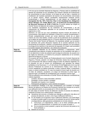 48 (Segunda Sección) DIARIO OFICIAL Miércoles 28 de octubre de 2015
A fin de que la Comisión Nacional de Seguros y Fianzas esté en posibilidad de
atender las solicitudes de los candidatos que hubieran aplicado las evaluaciones
de conocimientos en esta Comisión, en la plaza de que se trate, y requieran la
revalidación del resultado aprobatorio del examen de conocimientos mencionada
en el párrafo anterior, deberá manifestarlo expresamente mediante escrito
fundamentado y firmado autógrafamente, el cual deberá ser entregado en
Insurgentes Sur No. 1971, Torre Sur, Piso 2, Col. Guadalupe Inn, Delegación
Alvaro Obregón, C.P. 01020, México, D.F., en la Dirección de Administración
de Recursos Humanos de 10:00 a 14:00 hrs. El escrito deberá ser dirigido al
Comité Técnico de Selección de la plaza correspondiente.
Los resultados aprobatorios de los exámenes de conocimientos y de las
evaluaciones de habilidades aplicadas en los procesos de selección tendrán
vigencia de un año.
Asimismo, en caso de que un(a) candidato(a) requiera revisión del examen de
conocimientos, ésta deberá ser solicitada a través de un escrito (fundamentado y
firmado autógrafamente) enviado por correo electrónico dentro de un plazo
máximo de cinco días hábiles, contado a partir de la publicación de los resultados
en la página de www.trabajaen.gob.mx. El escrito deberá ser dirigido al Secretario
Técnico del Comité Técnico de Selección. Es importante señalar, que la revisión
de exámenes sólo podrá efectuarse respecto de la correcta aplicación de las
herramientas de evaluación, métodos o procedimientos utilizados, sin que implique
la entrega de los reactivos ni las opciones de respuesta. En ningún caso procederá
la revisión respecto del contenido o los criterios de evaluación.
Etapa de
entrevistas
Los resultados obtenidos en los diversos exámenes y evaluaciones, serán
considerados para elaborar el listado de aspirantes con los resultados más altos, a
fin de determinar el orden de prelación para la etapa de entrevista, de acuerdo con
las reglas de valoración y el sistema de puntuación establecidos en la Comisión
Nacional de Seguros y Fianzas.
Por acuerdo del Comité Técnico de Profesionalización de la Comisión Nacional de
Seguros y Fianzas, pasarán a la etapa de Entrevista, los(as) tres candidatos(as)
con puntuaciones más altas en estricto apego al orden de prelación registrado. En
el supuesto de que el número de candidatos(as) que aprueben las etapas
señaladas en las fracciones I, II, y III del artículo 34 del Reglamento de la Ley del
Servicio Profesional de Carrera en la Administración Pública, fuera menor al
mínimo establecido se deberá entrevistar a todos; pudiendo llegar a presentarse
hasta un solo(a) candidato (a). En caso de empate en tercer lugar de acuerdo con
el orden de prelación, accederán a la etapa de Entrevista el primer lugar, el
segundo lugar y la totalidad de candidatos(as) que compartan el tercer lugar.
Para la evaluación de la entrevista, el Comité Técnico de Selección considerará los
criterios siguientes:
- Contexto, situación o tarea (favorable o adverso)
- Estrategia o acción (simple o compleja)
- Resultado (sin impacto o con impacto)
- Participación (protagónica o como miembro de equipo)
Etapa de
Determinación
Se considerarán finalistas a los (las) candidatos(as) que acrediten el Puntaje
Mínimo de Aptitud en el Sistema de Puntuación General que consiste en al menos
una calificación de 60, en una escala de 0 a 100 sin decimales.
En esta etapa el Comité Técnico de Selección resuelve el proceso de selección,
mediante la emisión de su determinación, declarando:
a) Ganador(a) del concurso, al finalista que obtenga la calificación más alta en el
proceso de selección, es decir, al de mayor Calificación Definitiva, y
b) Al (la) finalista con la siguiente mayor Calificación Definitiva, que podrá llegar
a ocupar el puesto sujeto a concurso en el supuesto de que por causas ajenas
a la dependencia, el(la) ganador(a) señalado(a) en el inciso anterior:
I. Comunique a la dependencia, antes o en la fecha señalada para tal
efecto en la Determinación, su decisión de no ocupar el puesto, o
II. No se presente a tomar posesión y ejercer las funciones del puesto en la
fecha señalada, o
c) Desierto el concurso.
 