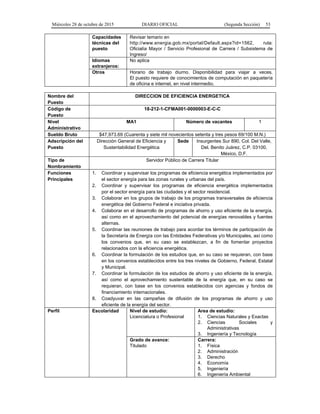Miércoles 28 de octubre de 2015 DIARIO OFICIAL (Segunda Sección) 53
Capacidades
técnicas del
puesto
Revisar temario en
http://www.energia.gob.mx/portal/Default.aspx?id=1562, ruta:
Oficialía Mayor / Servicio Profesional de Carrera / Subsistema de
Ingreso/
Idiomas
extranjeros:
No aplica
Otros Horario de trabajo diurno. Disponibilidad para viajar a veces.
El puesto requiere de conocimientos de computación en paquetería
de oficina e internet, en nivel intermedio.
Nombre del
Puesto
DIRECCION DE EFICIENCIA ENERGETICA
Código de
Puesto
18-212-1-CFMA001-0000003-E-C-C
Nivel
Administrativo
MA1 Número de vacantes 1
Sueldo Bruto $47,973.69 (Cuarenta y siete mil novecientos setenta y tres pesos 69/100 M.N.)
Adscripción del
Puesto
Dirección General de Eficiencia y
Sustentabilidad Energética
Sede Insurgentes Sur 890, Col. Del Valle,
Del. Benito Juárez, C.P. 03100,
México, D.F.
Tipo de
Nombramiento
Servidor Público de Carrera Titular
Funciones
Principales
1. Coordinar y supervisar los programas de eficiencia energética implementados por
el sector energía para las zonas rurales y urbanas del país.
2. Coordinar y supervisar los programas de eficiencia energética implementados
por el sector energía para las ciudades y el sector residencial.
3. Colaborar en los grupos de trabajo de los programas transversales de eficiencia
energética del Gobierno Federal e iniciativa privada.
4. Colaborar en el desarrollo de programas de ahorro y uso eficiente de la energía,
así como en el aprovechamiento del potencial de energías renovables y fuentes
alternas.
5. Coordinar las reuniones de trabajo para acordar los términos de participación de
la Secretaría de Energía con las Entidades Federativas y/o Municipales, así como
los convenios que, en su caso se establezcan, a fin de fomentar proyectos
relacionados con la eficiencia energética.
6. Coordinar la formulación de los estudios que, en su caso se requieran, con base
en los convenios establecidos entre los tres niveles de Gobierno, Federal, Estatal
y Municipal.
7. Coordinar la formulación de los estudios de ahorro y uso eficiente de la energía,
así como el aprovechamiento sustentable de la energía que, en su caso se
requieran, con base en los convenios establecidos con agencias y fondos de
financiamiento internacionales.
8. Coadyuvar en las campañas de difusión de los programas de ahorro y uso
eficiente de la energía del sector.
Perfil Escolaridad Nivel de estudio:
Licenciatura o Profesional
Area de estudio:
1. Ciencias Naturales y Exactas
2. Ciencias Sociales y
Administrativas
3. Ingeniería y Tecnología
Grado de avance:
Titulado
Carrera:
1. Física
2. Administración
3. Derecho
4. Economía
5. Ingeniería
6. Ingeniería Ambiental
 